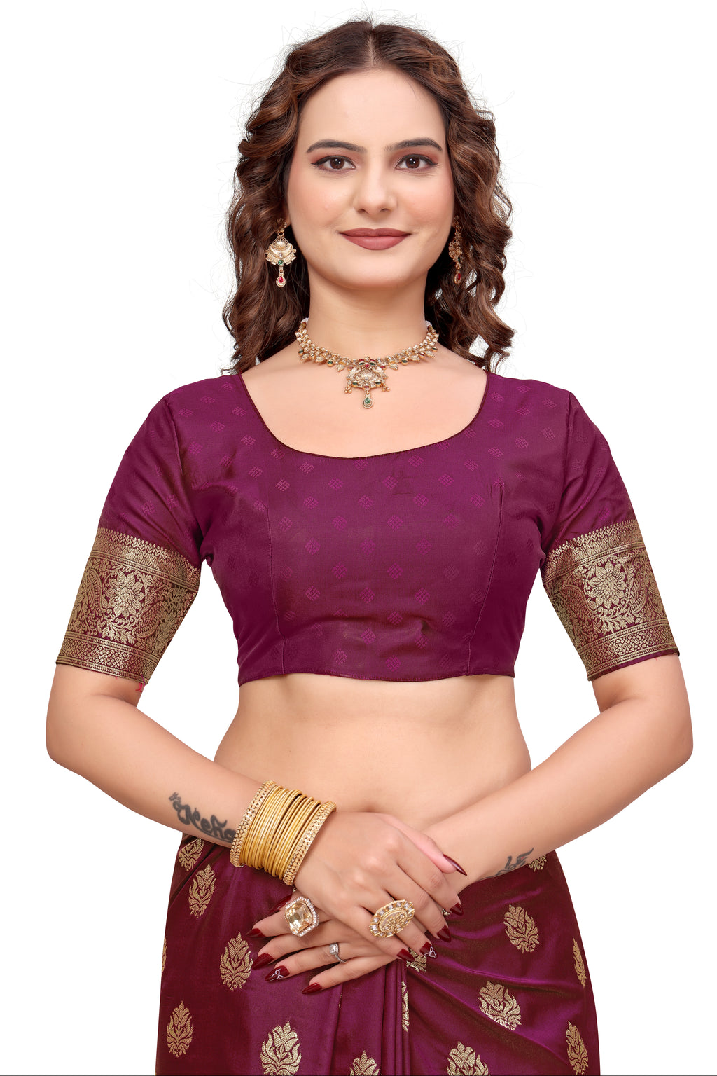 KB STAR Wine Silk Banarasi Saree with Elegant Golden Zari Work