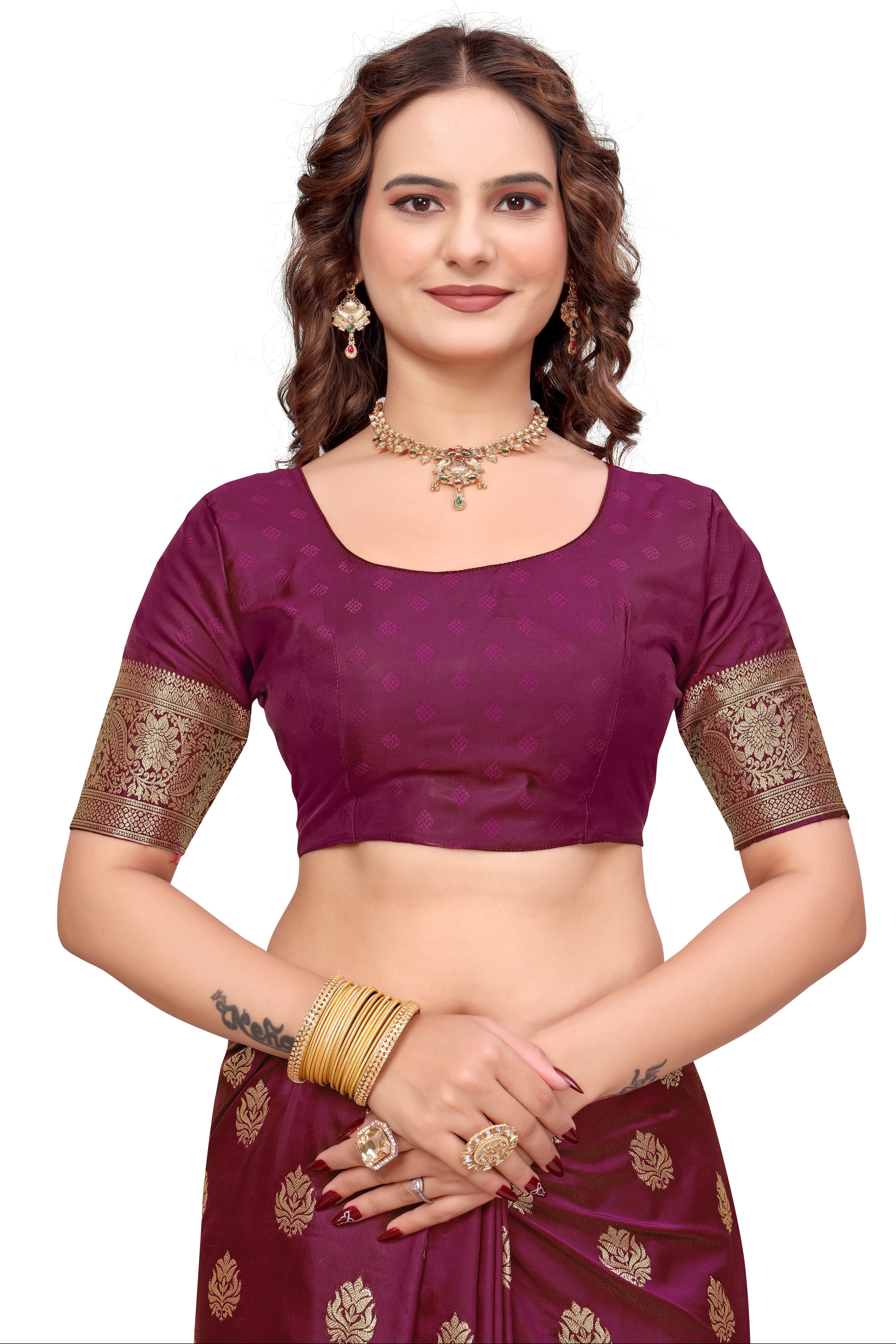 KB STAR Wine Silk Banarasi Saree with Elegant Golden Zari Work