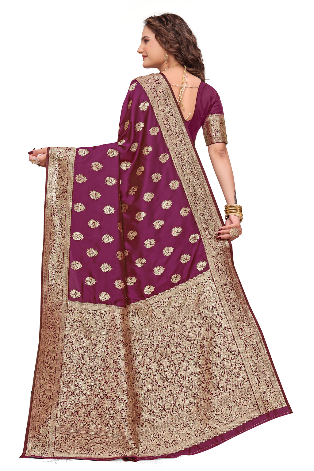 KB STAR Wine Silk Banarasi Saree with Elegant Golden Zari Work