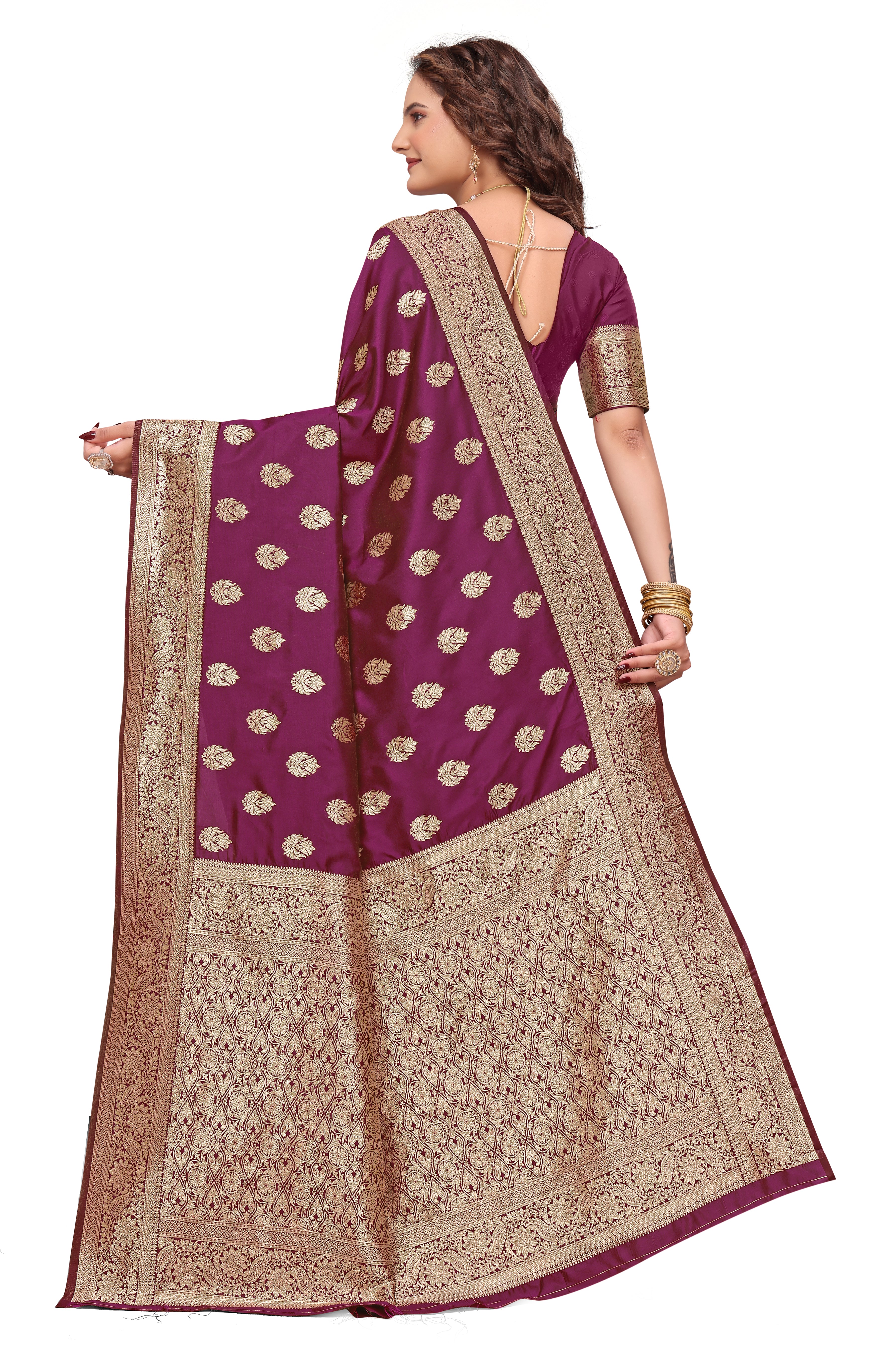 KB STAR Wine Banarasi Silk Saree with Elegant Golden Zari Work