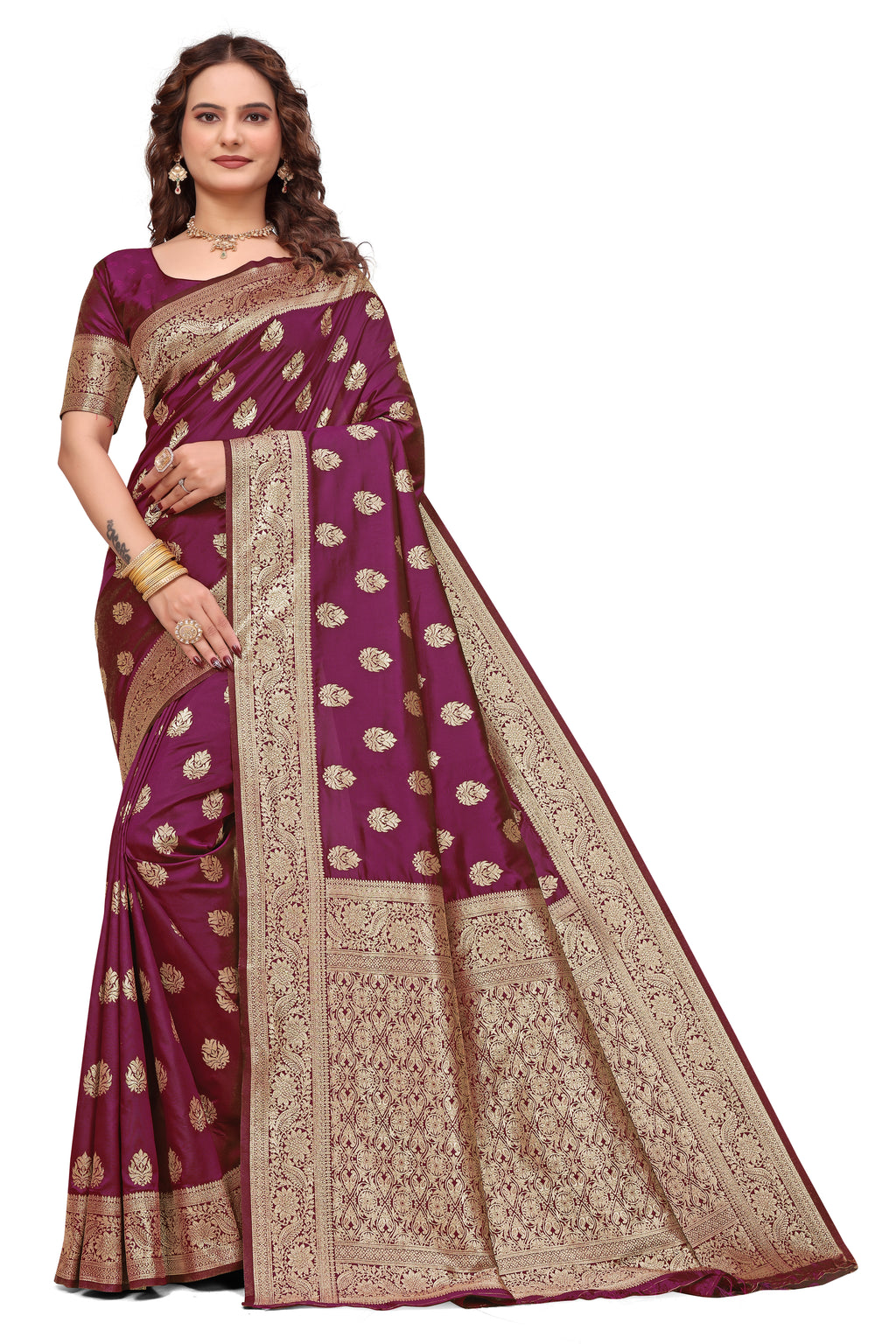 KB STAR Wine Silk Banarasi Saree with Elegant Golden Zari Work