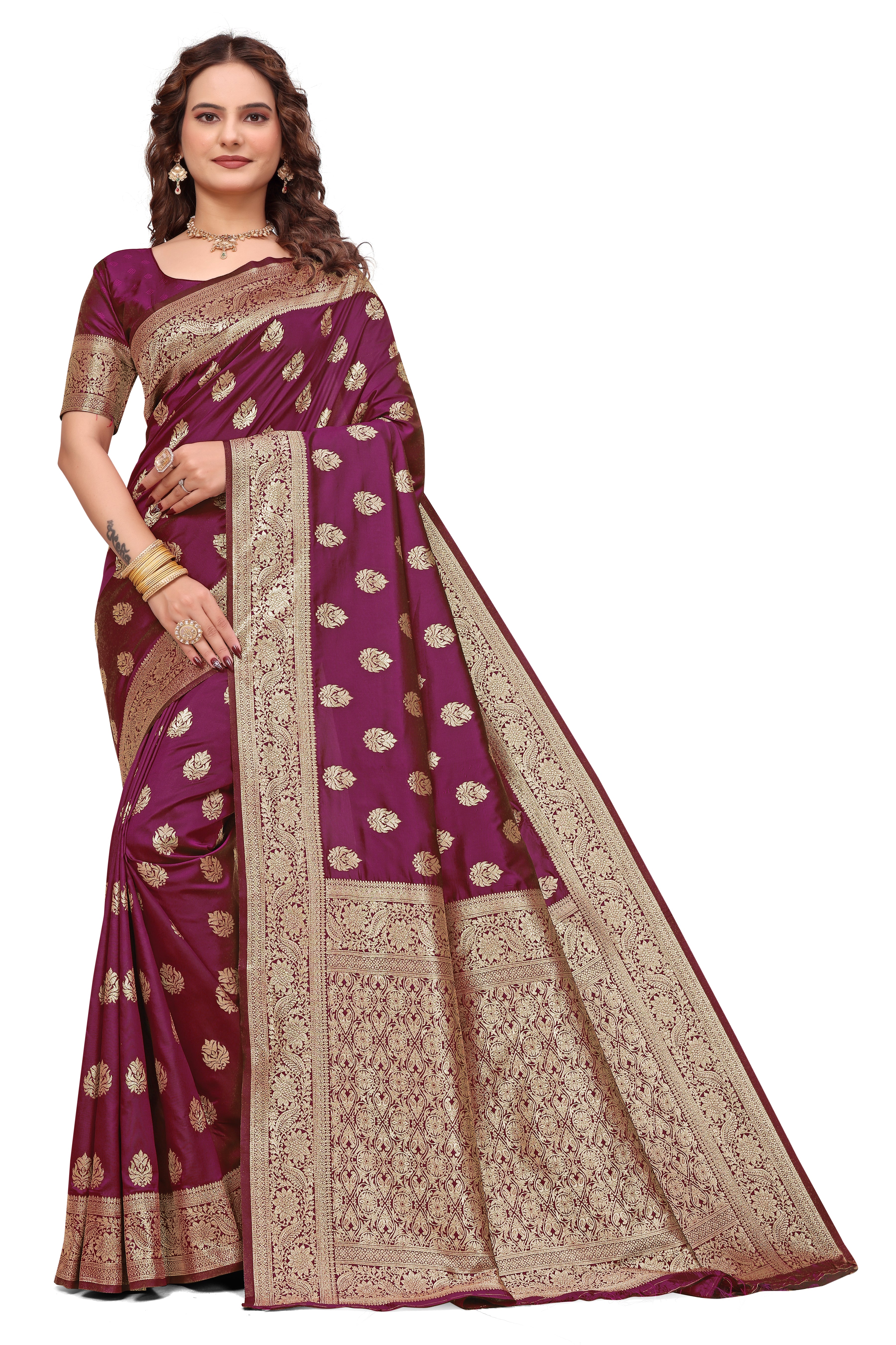 KB STAR Wine Silk Banarasi Saree with Elegant Golden Zari Work