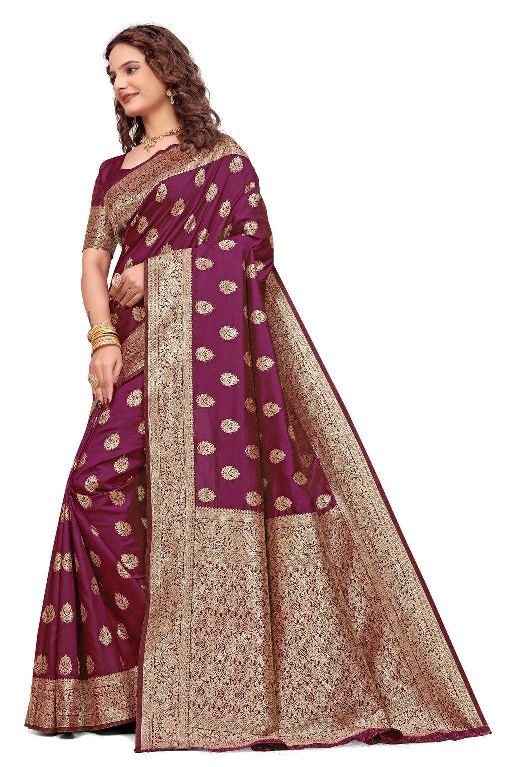 KB STAR Wine Silk Banarasi Saree with Elegant Golden Zari Work