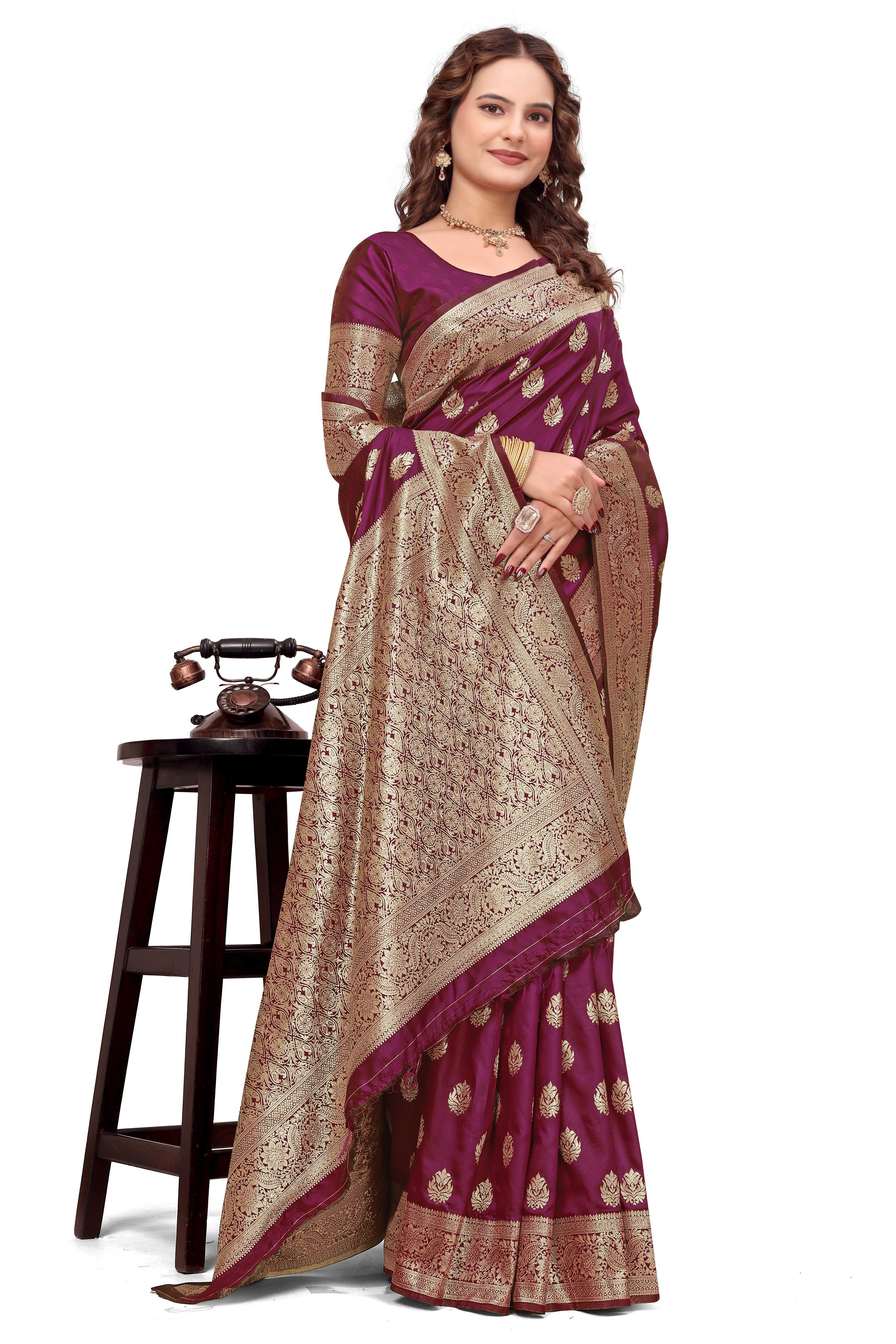 KB STAR Wine Silk Banarasi Saree with Elegant Golden Zari Work