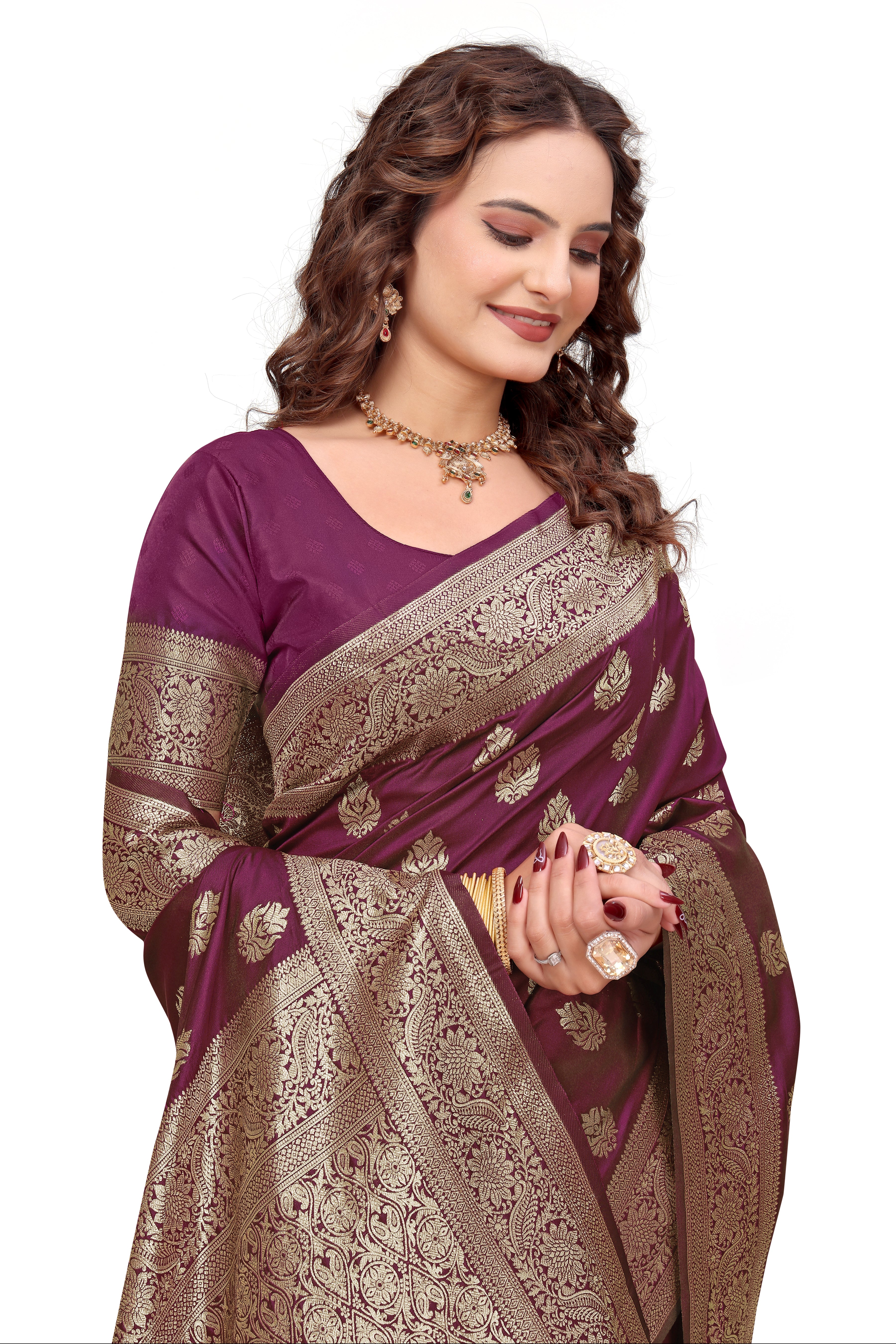 KB STAR Wine Silk Banarasi Saree with Elegant Golden Zari Work