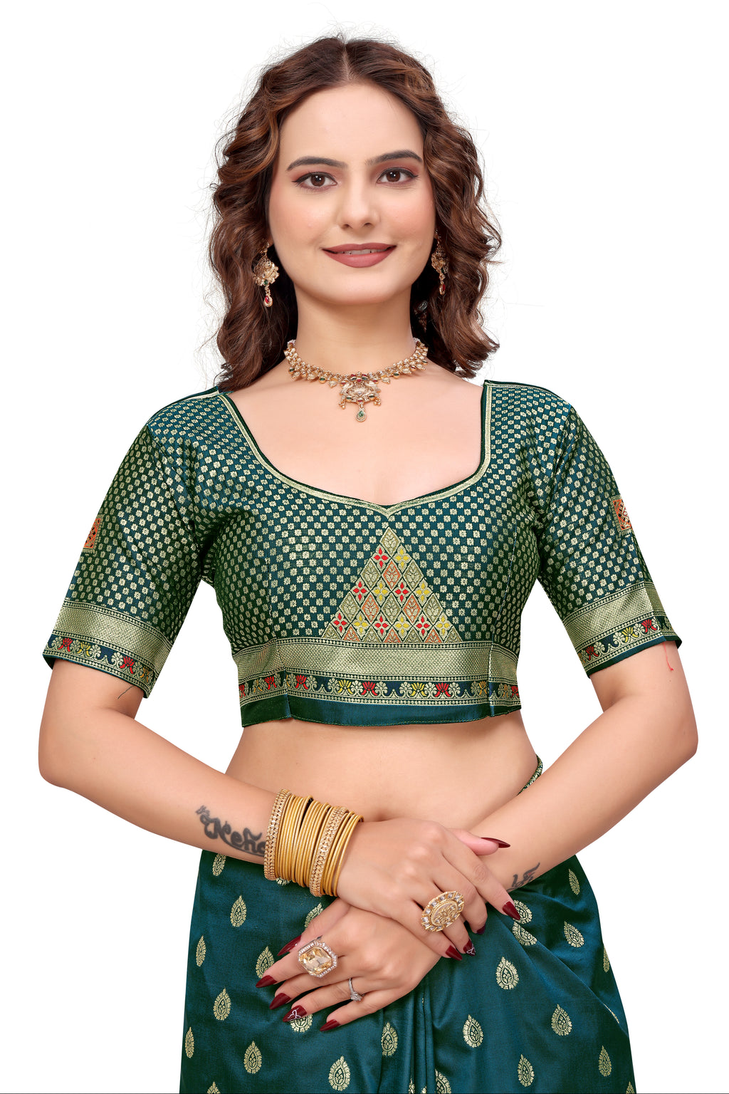 KB STAR Midnight Green Silk Banarasi Saree with Elegant Golden Zari Work