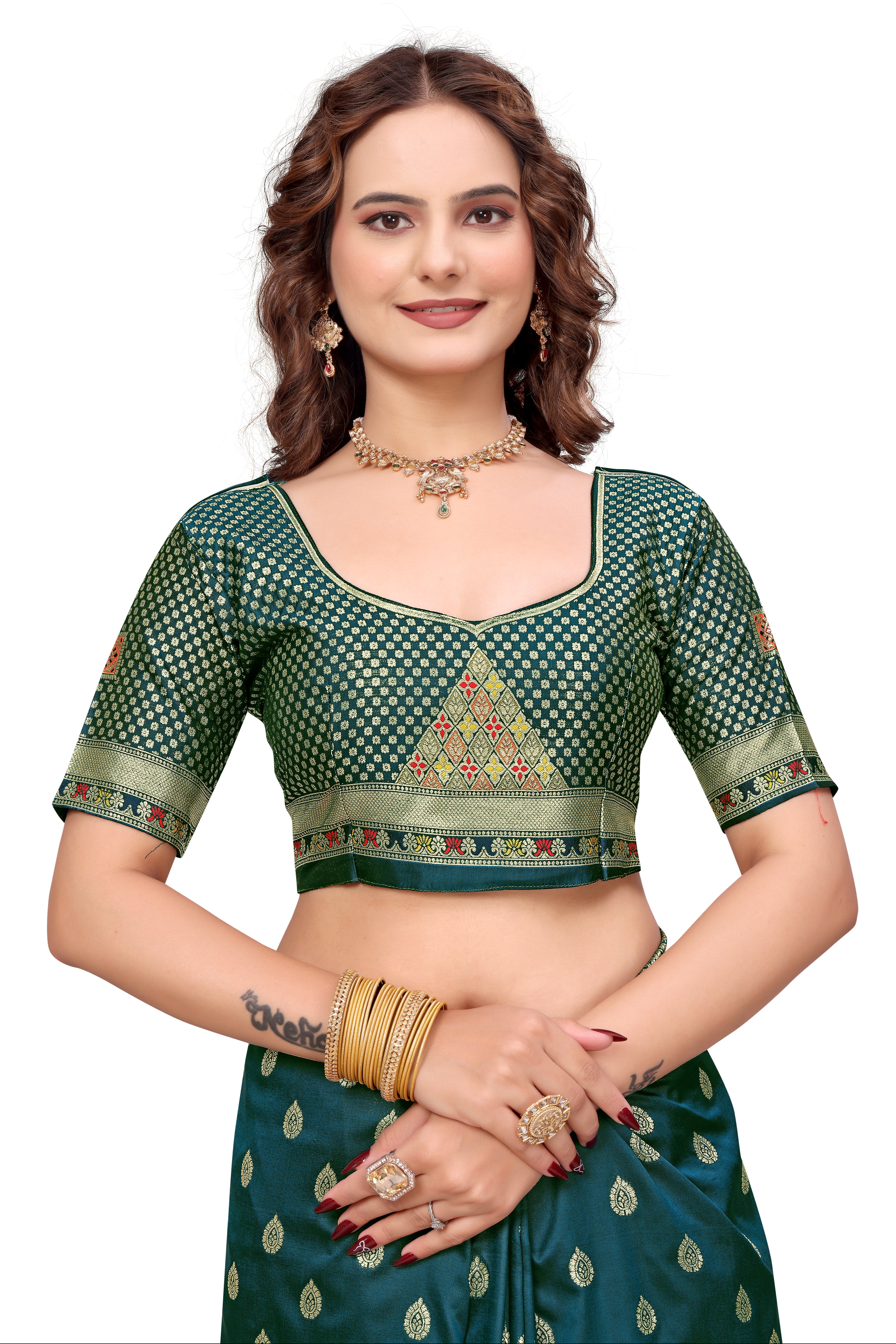KB STAR Midnight Green Silk Banarasi Saree with Elegant Golden Zari Work