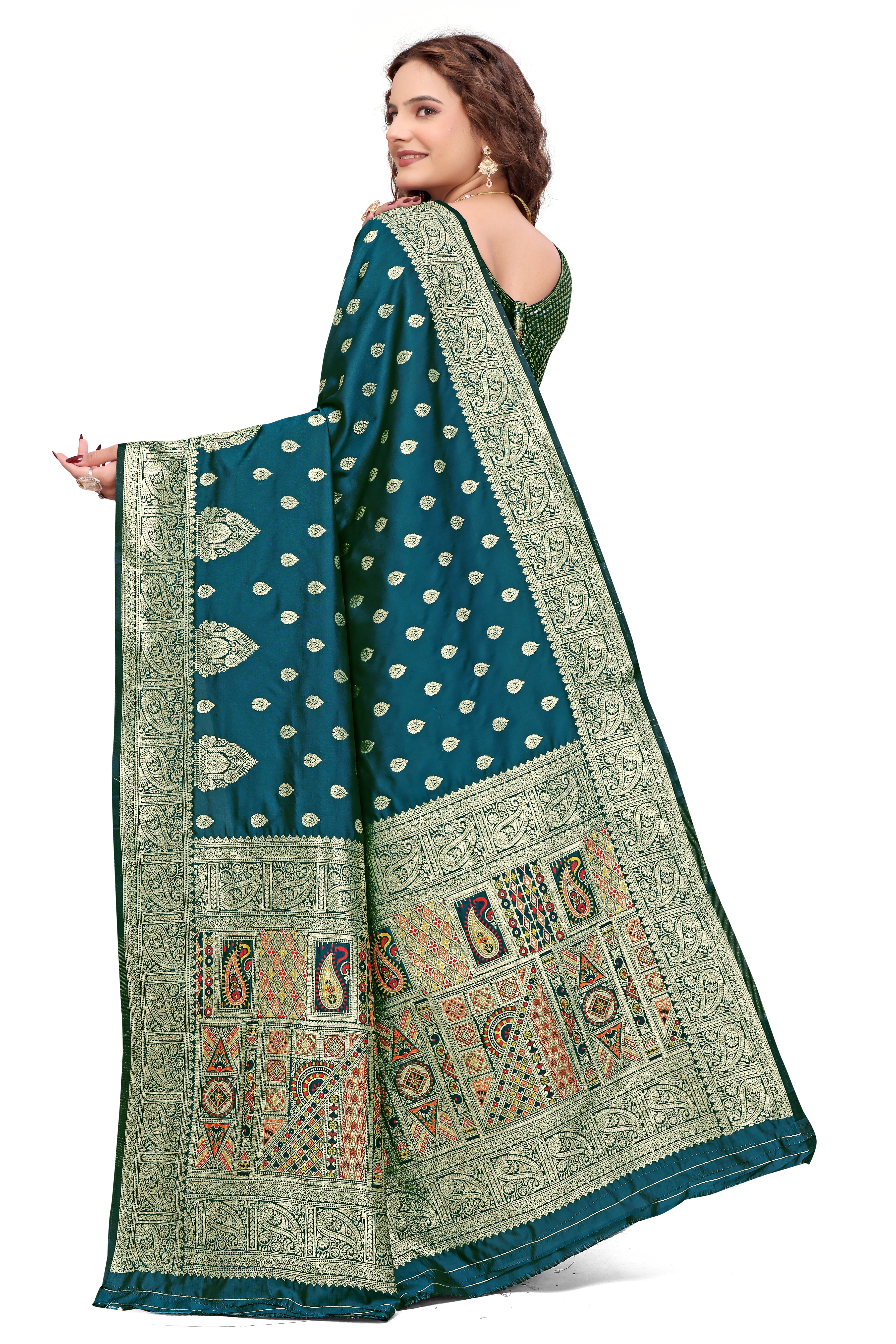 KB STAR Midnight Green Banarasi Silk Saree with Elegant Golden Zari Work