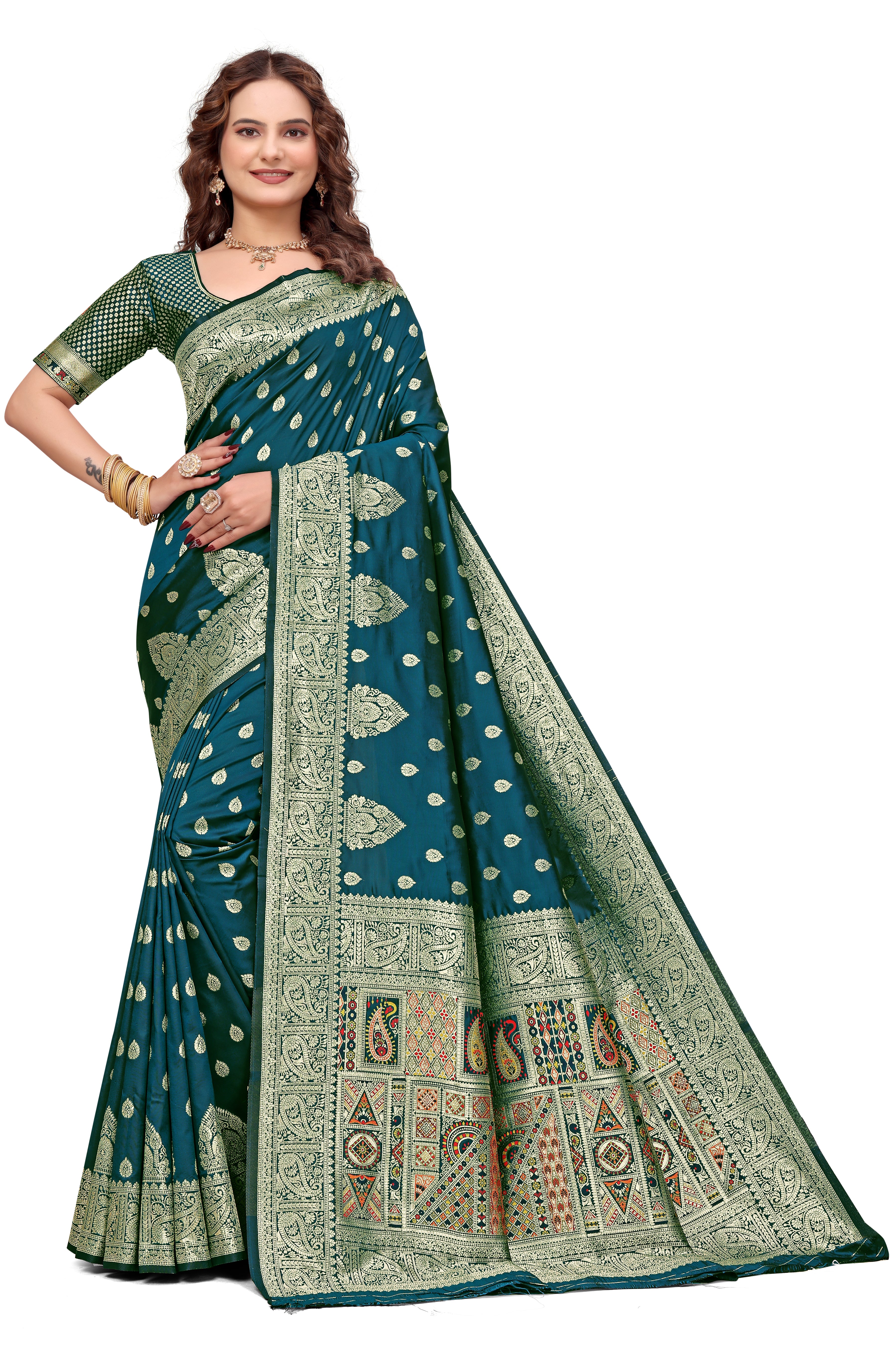 KB STAR Midnight Green Silk Banarasi Saree with Elegant Golden Zari Work