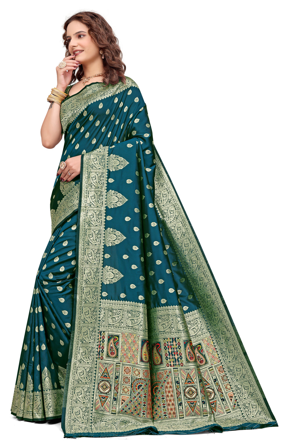 KB STAR Midnight Green Silk Banarasi Saree with Elegant Golden Zari Work
