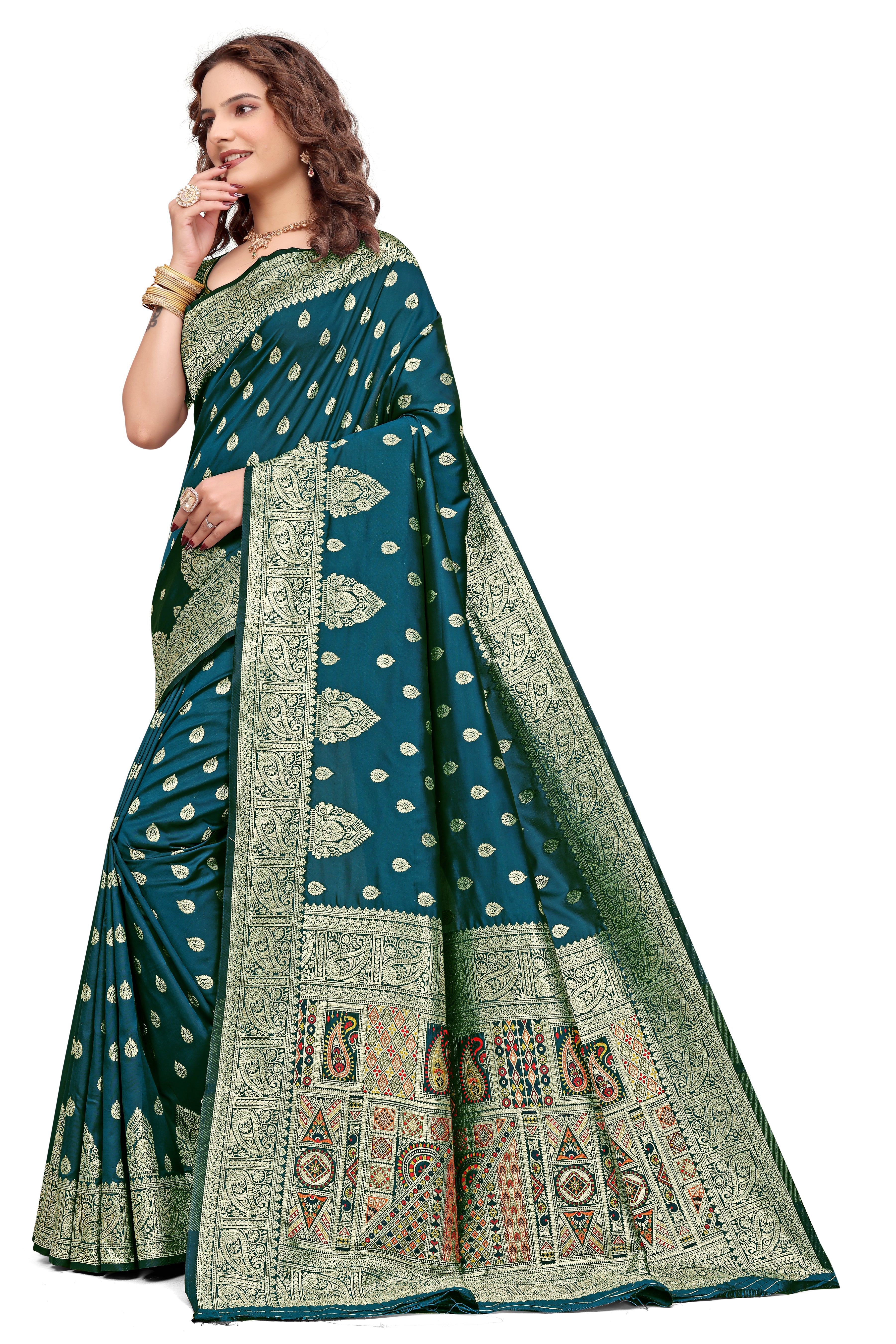 KB STAR Midnight Green Silk Banarasi Saree with Elegant Golden Zari Work