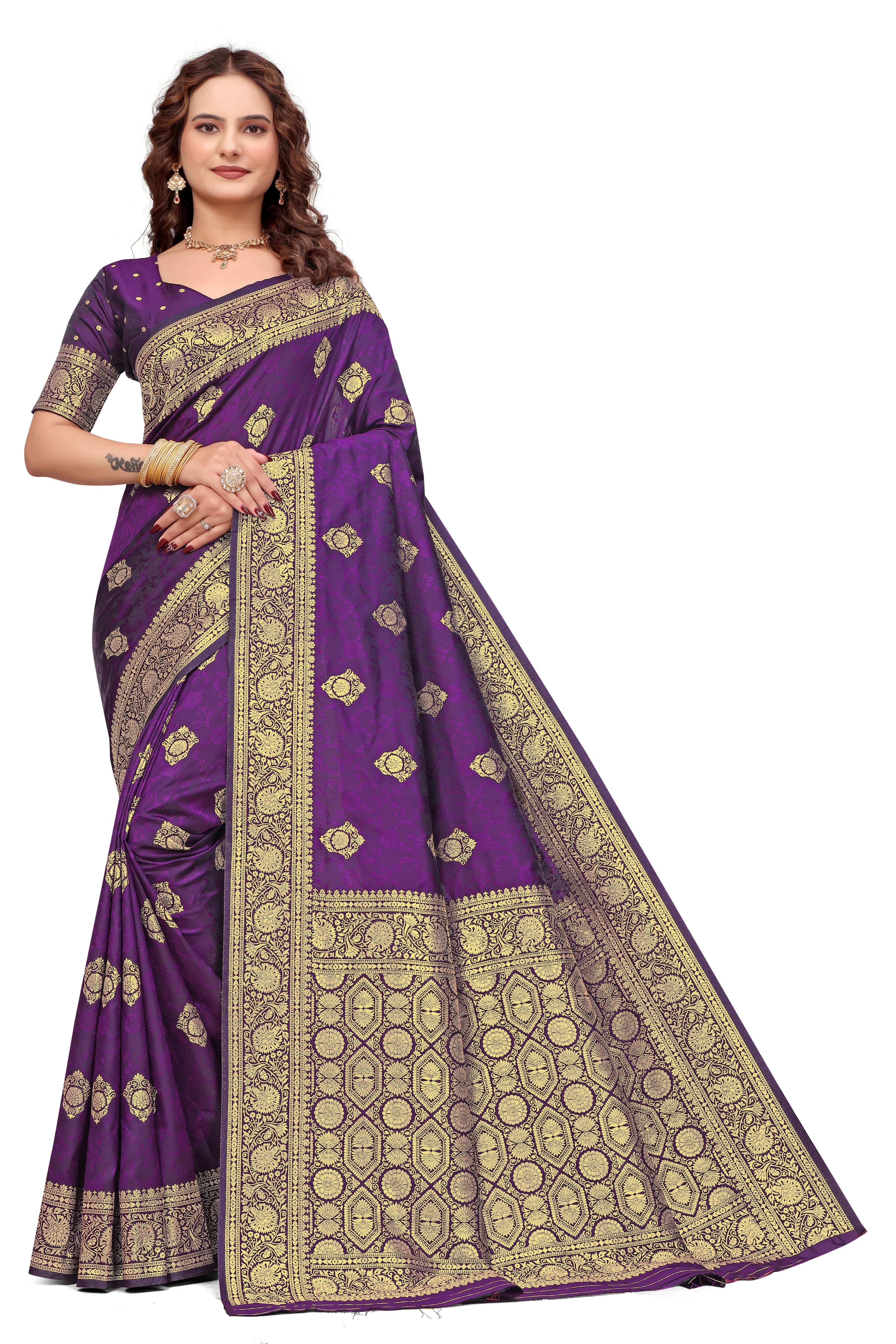 KB STAR Purple Silk Banarasi Saree with Elegant Golden Zari Work