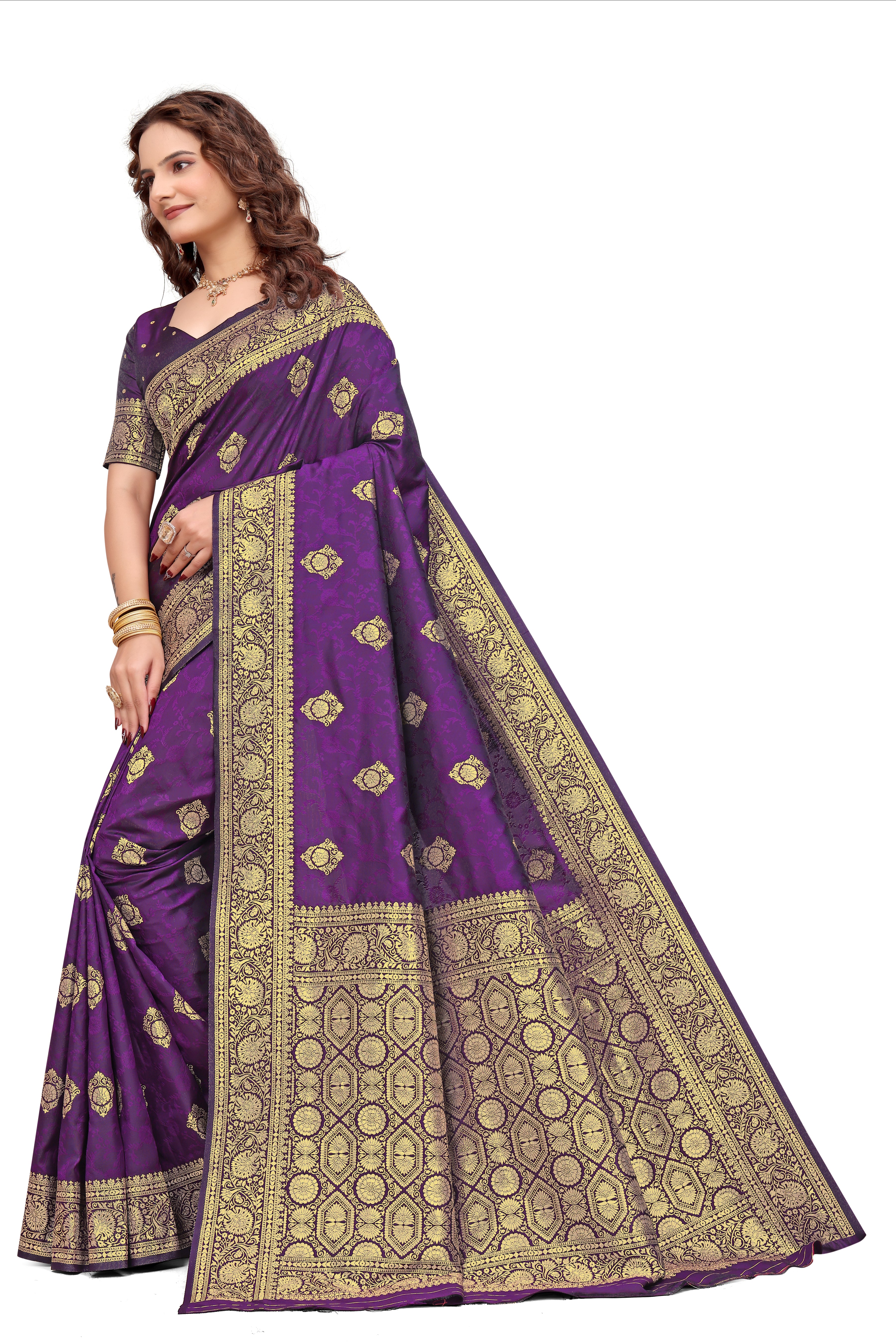 KB STAR Purple Silk Banarasi Saree with Elegant Golden Zari Work