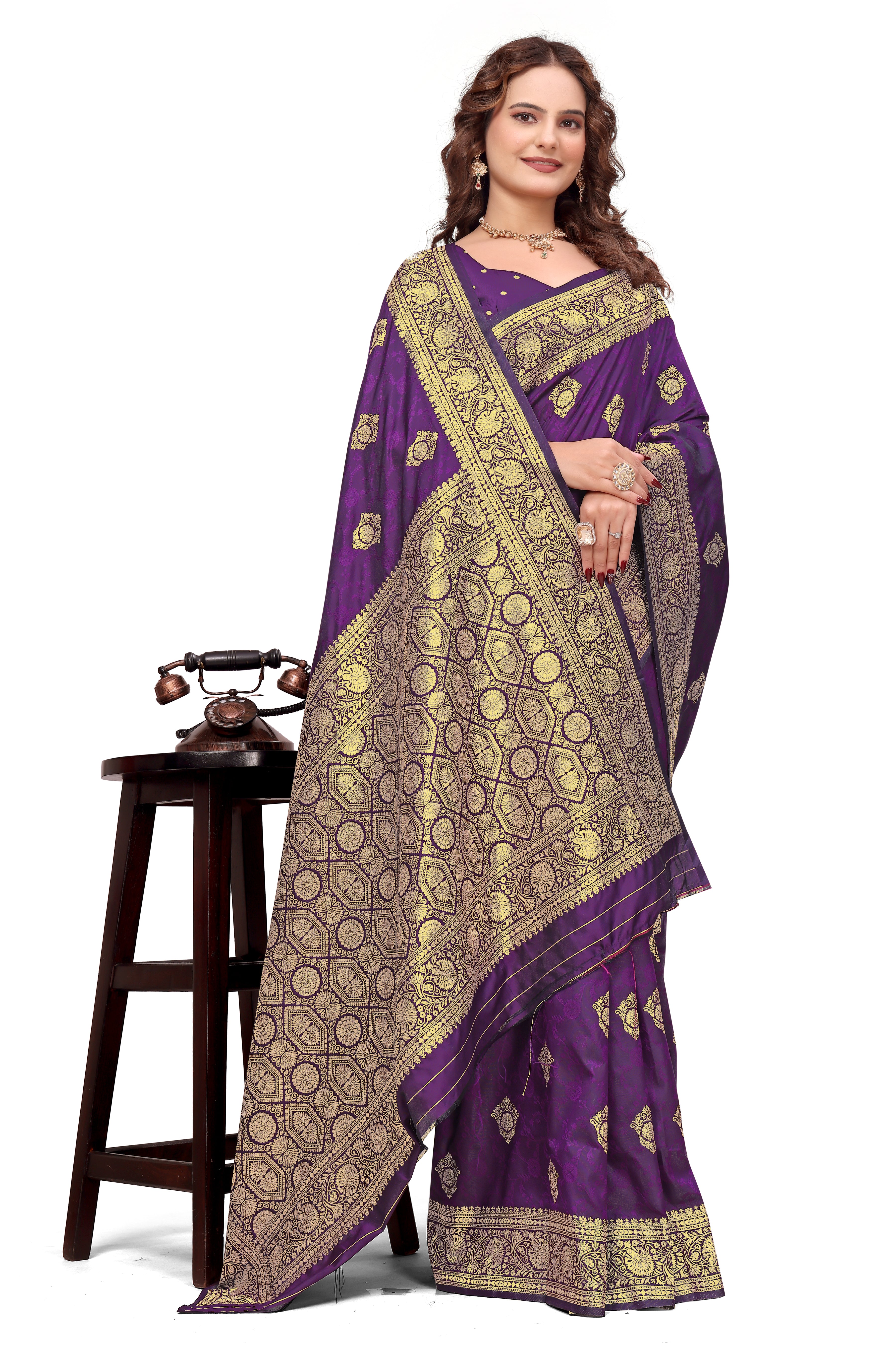 KB STAR Purple Silk Banarasi Saree with Elegant Golden Zari Work