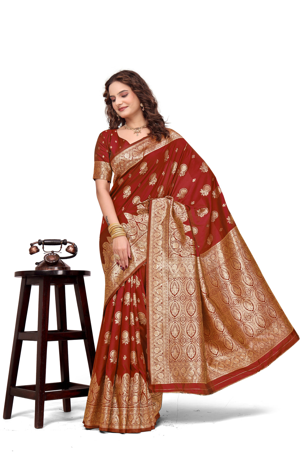 KB STAR Maroon Silk Banarasi Saree with Elegant Golden Zari Work