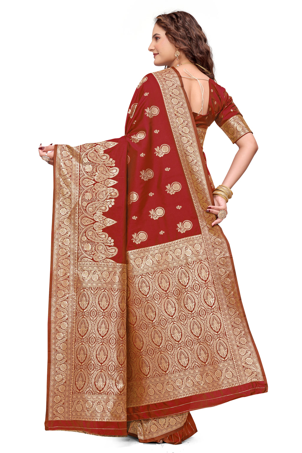 KB STAR Maroon Silk Banarasi Saree with Elegant Golden Zari Work