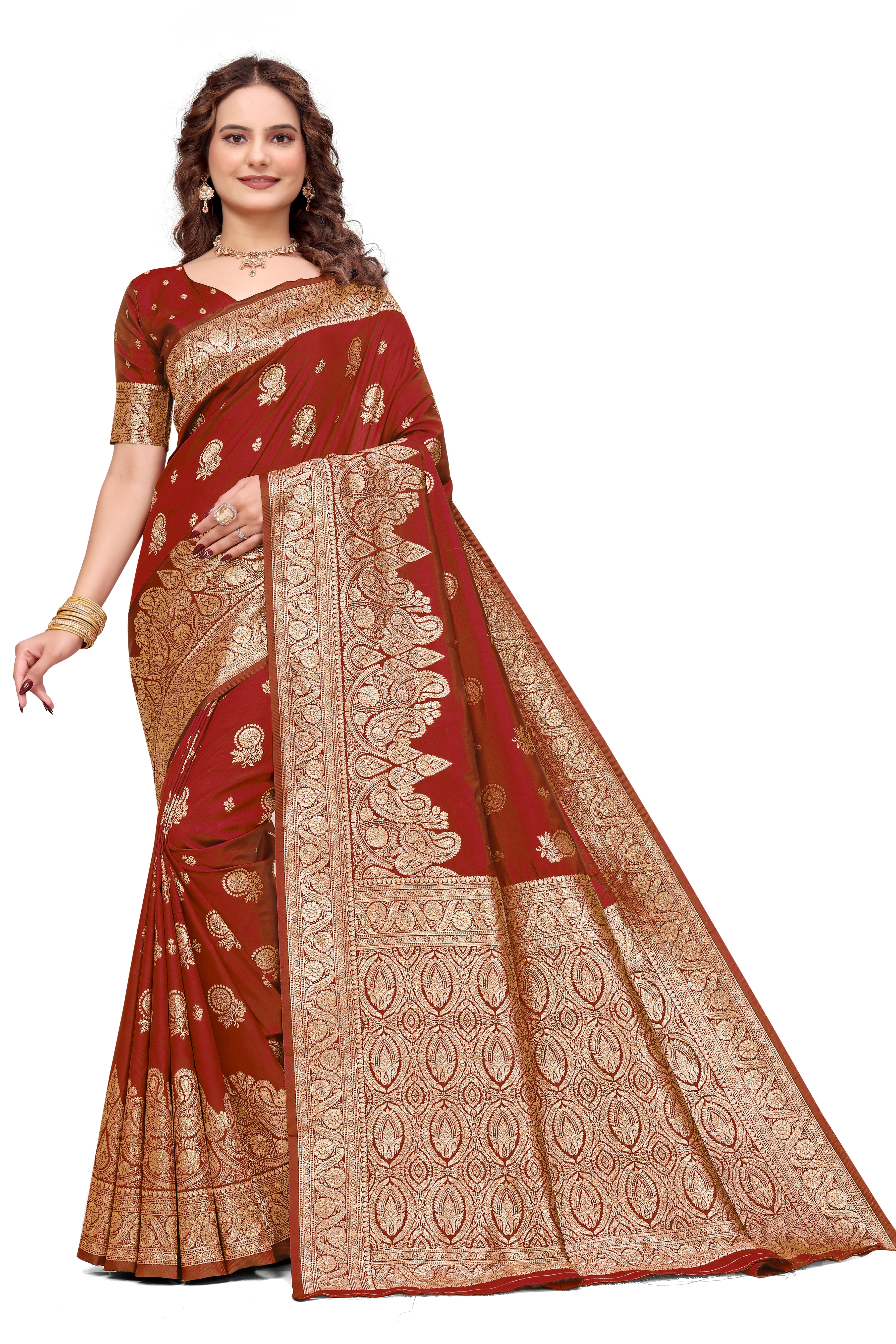KB STAR Maroon Silk Banarasi Saree with Elegant Golden Zari Work