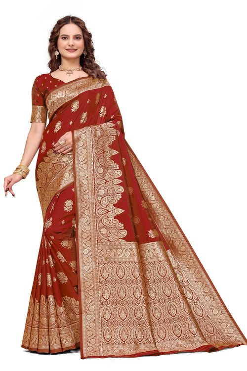 KB STAR Maroon Silk Banarasi Saree with Elegant Golden Zari Work