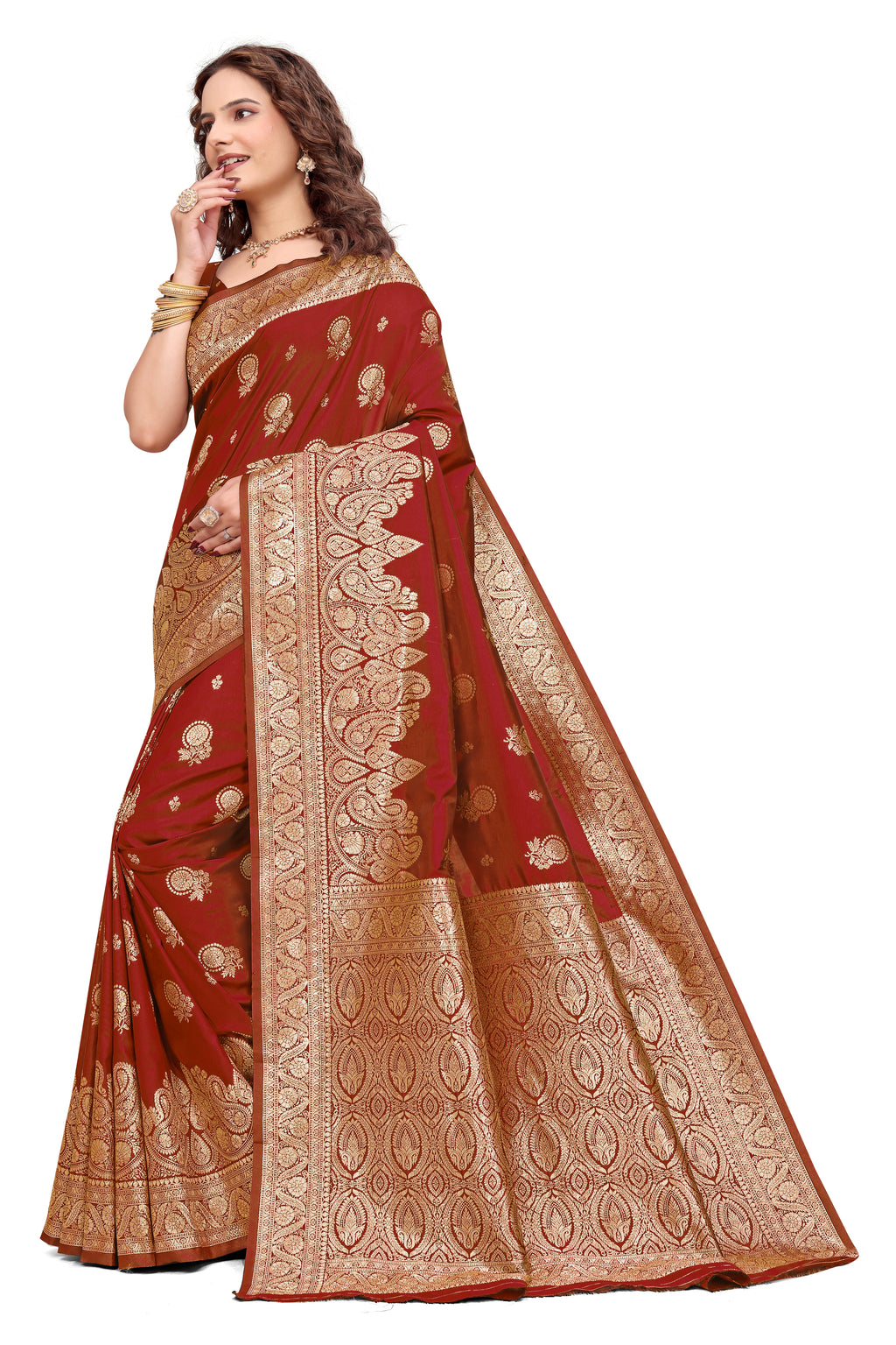 KB STAR Maroon Silk Banarasi Saree with Elegant Golden Zari Work