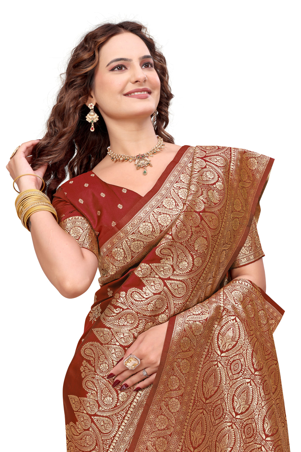 KB STAR Maroon Silk Banarasi Saree with Elegant Golden Zari Work