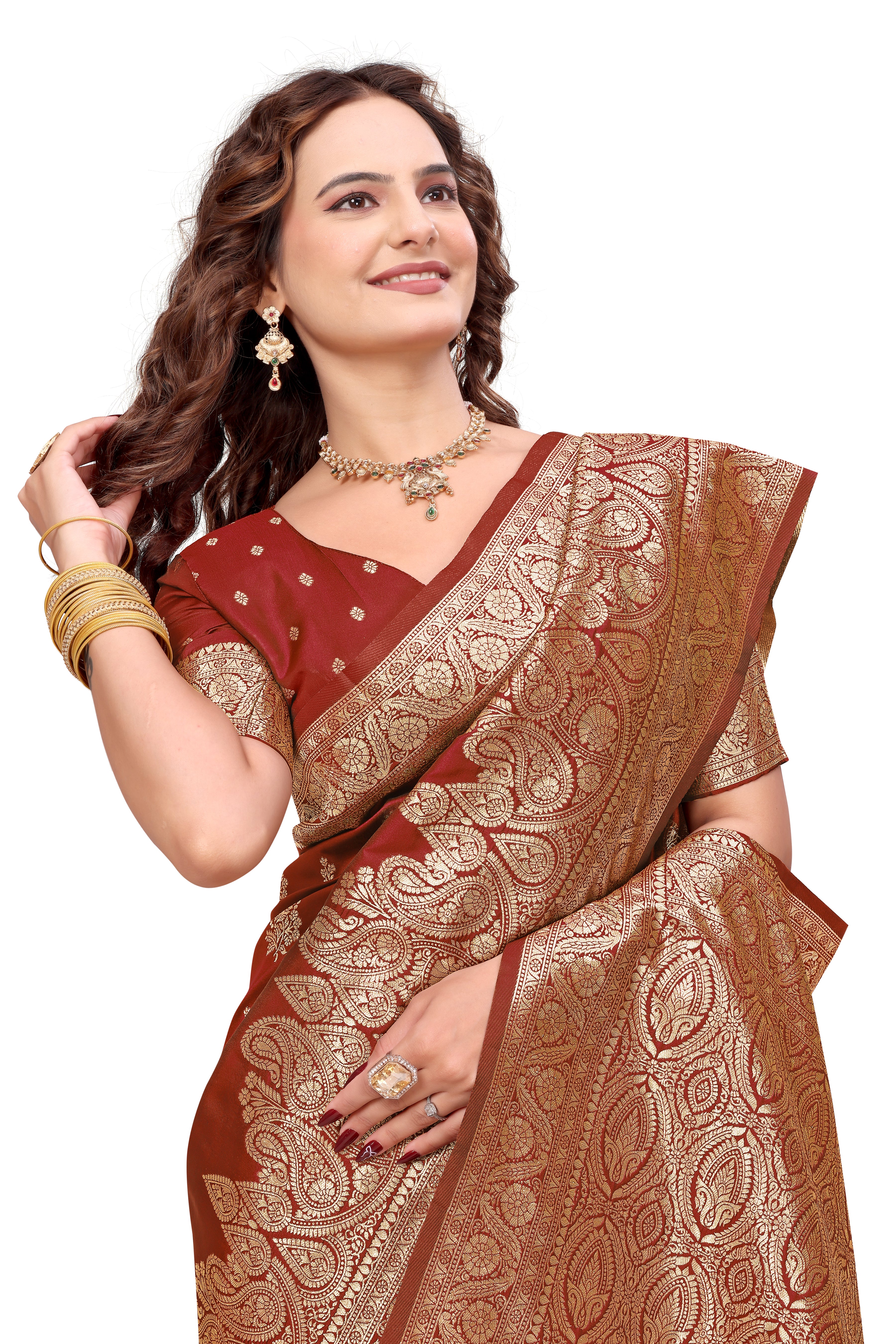 KB STAR Maroon Silk Banarasi Saree with Elegant Golden Zari Work