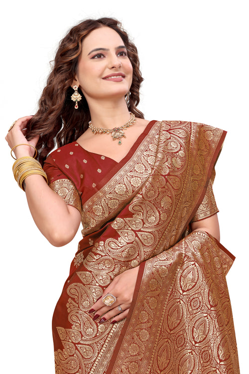 KB STAR Maroon Banarasi Silk Saree with Elegant Golden Zari Work