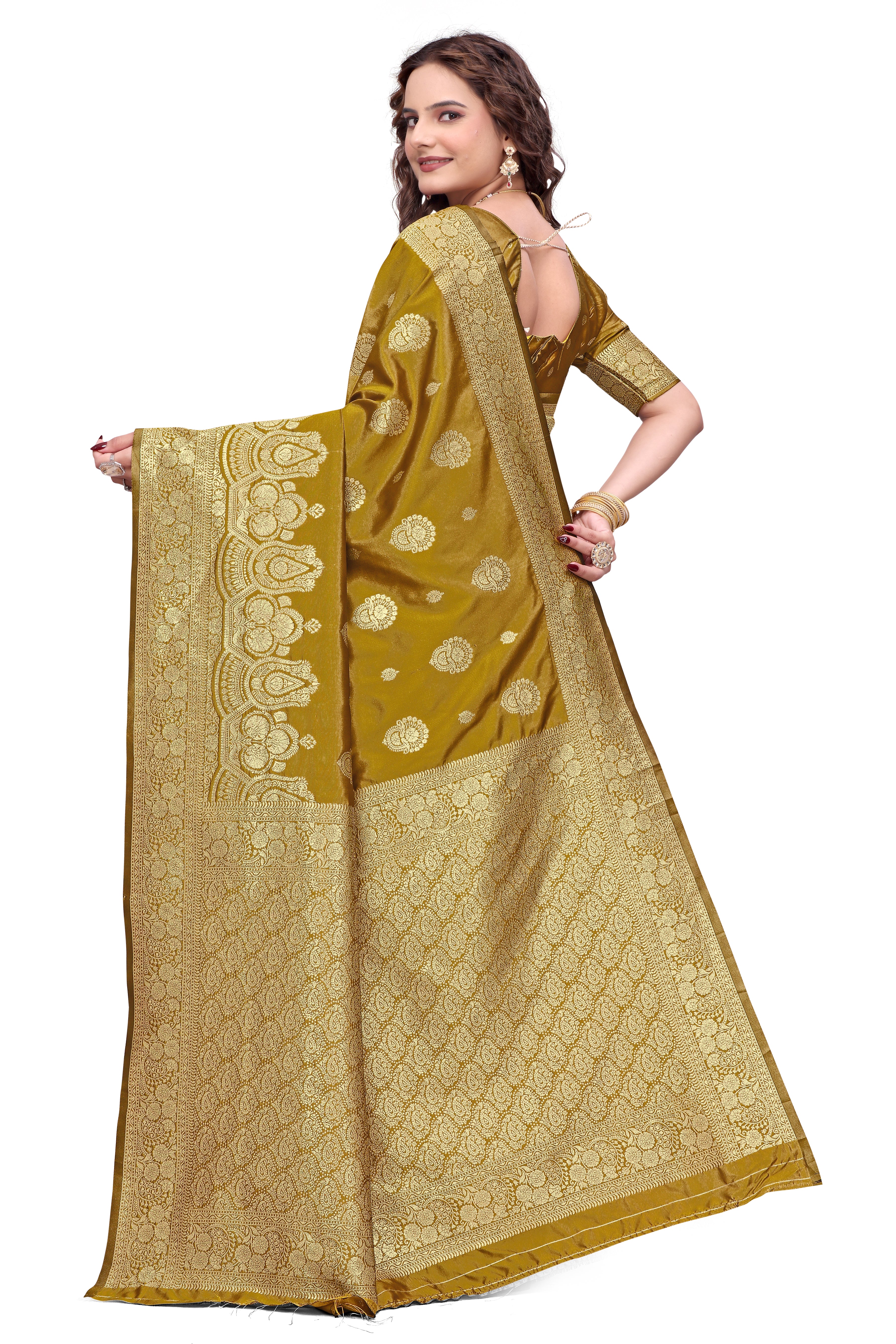 KB STAR Mustard-Yellow Banarasi Silk Saree with Elegant Golden Zari Work