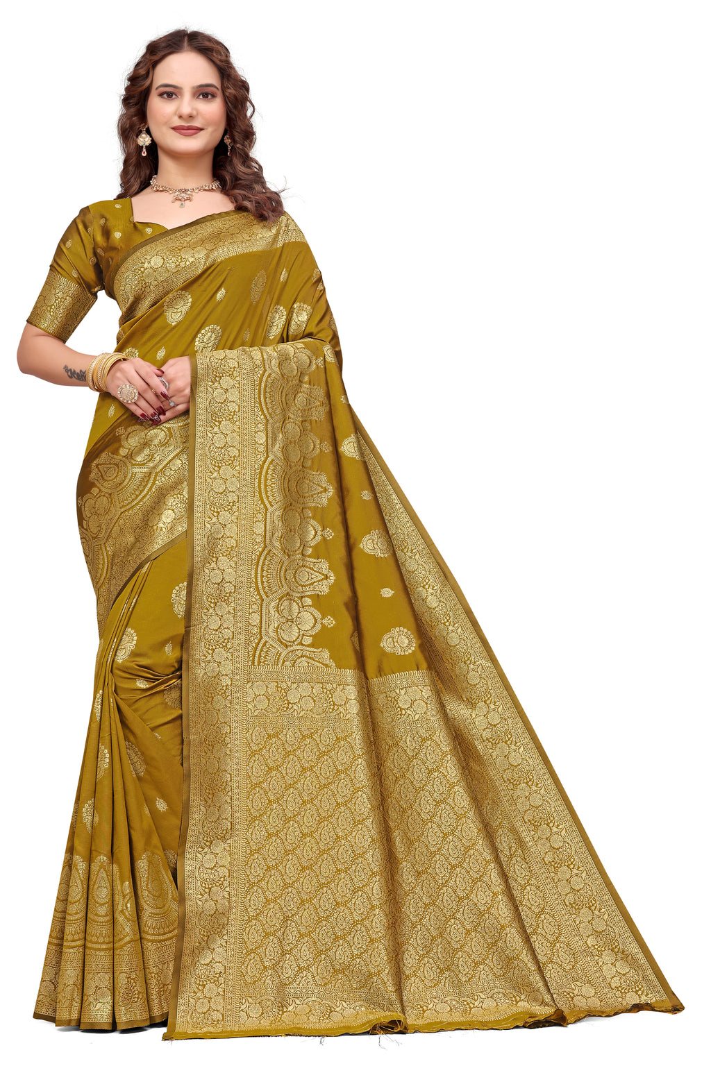 KB STAR Mustard-Yellow Silk Banarasi Saree with Elegant Golden Zari Work