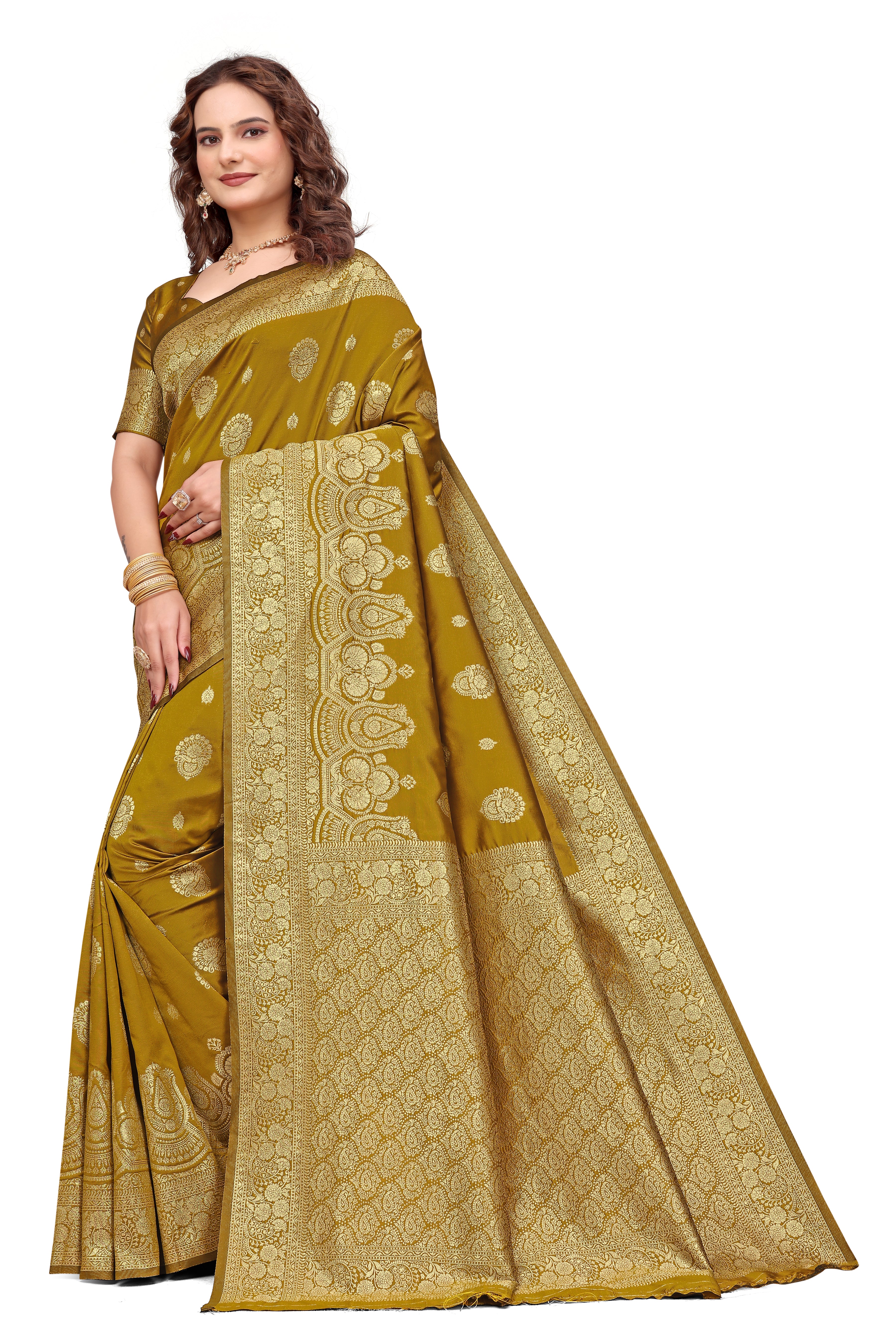 KB STAR Mustard-Yellow Silk Banarasi Saree with Elegant Golden Zari Work