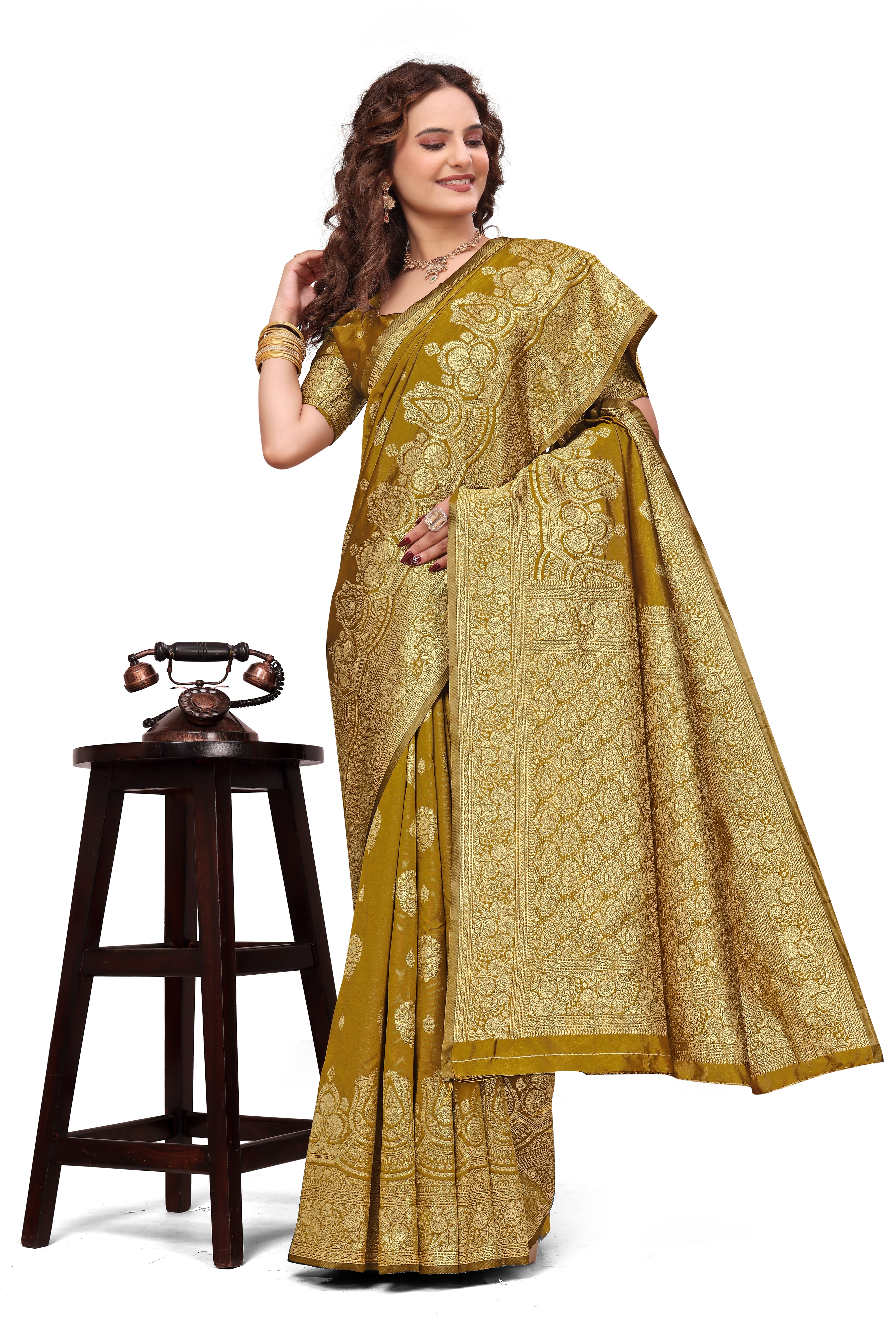 KB STAR Mustard-Yellow Silk Banarasi Saree with Elegant Golden Zari Work