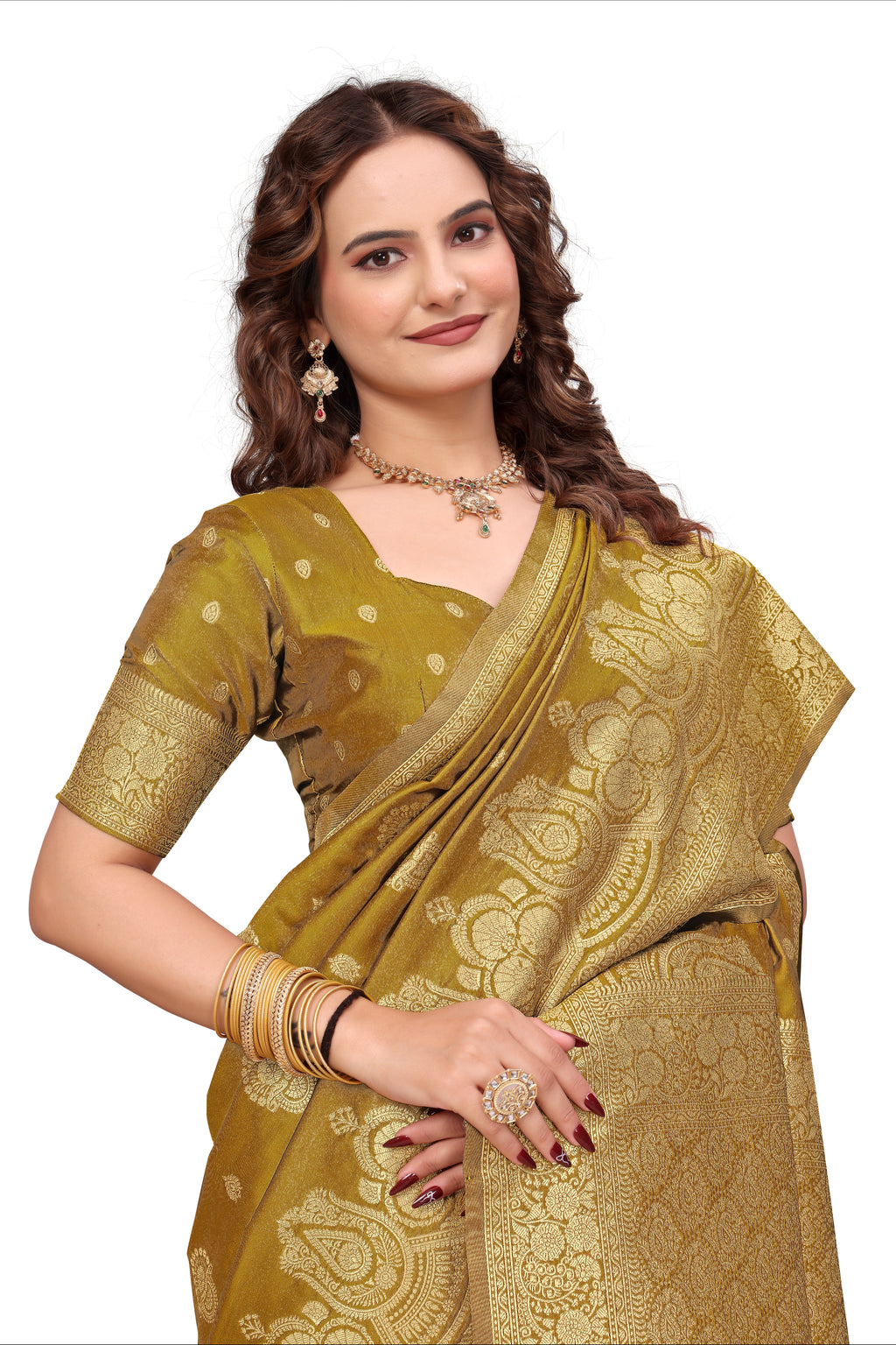 KB STAR Mustard-Yellow Silk Banarasi Saree with Elegant Golden Zari Work