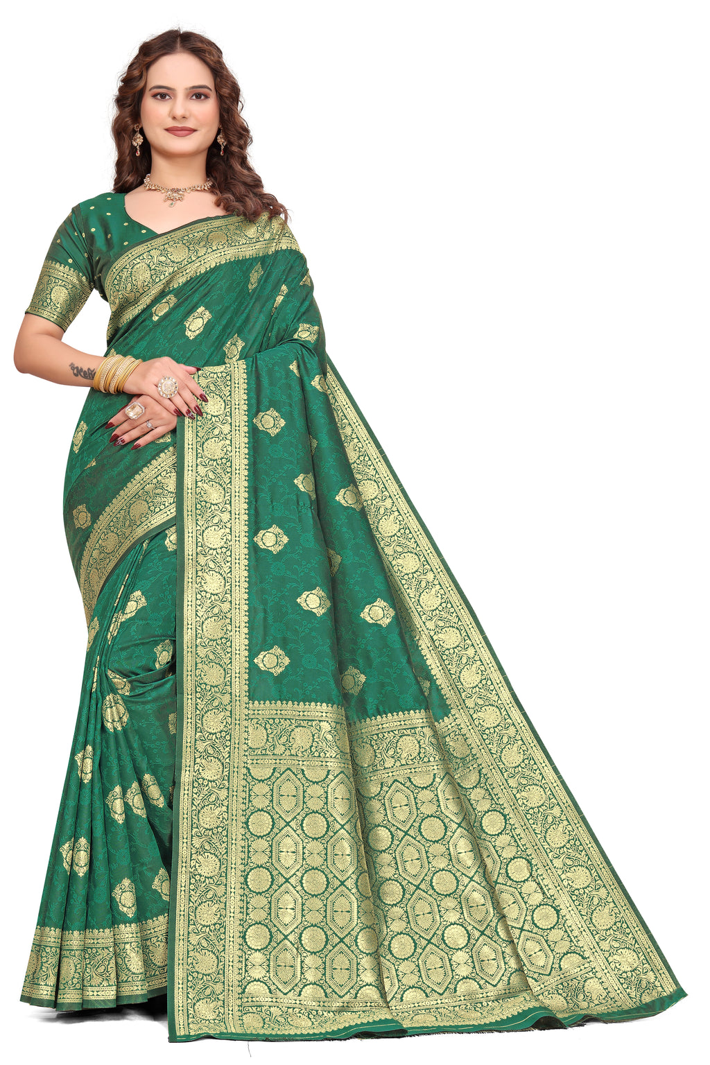 KB STAR Rama Green Silk Banarasi Saree with Elegant Golden Zari Work
