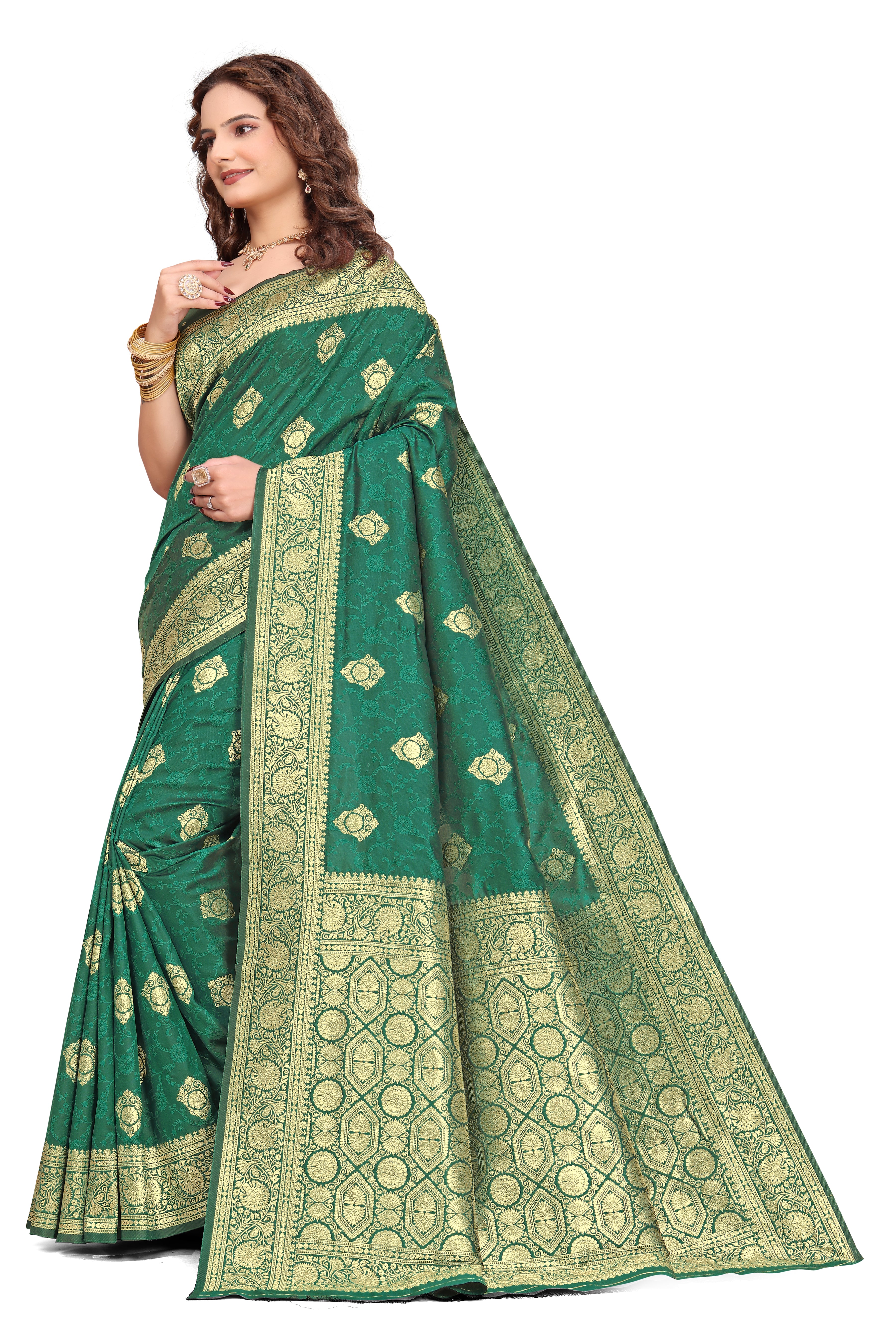 KB STAR Rama Green Silk Banarasi Saree with Elegant Golden Zari Work