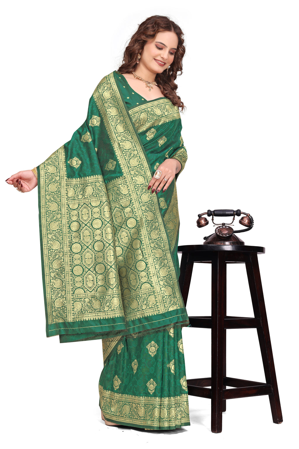 KB STAR Rama Green Silk Banarasi Saree with Elegant Golden Zari Work