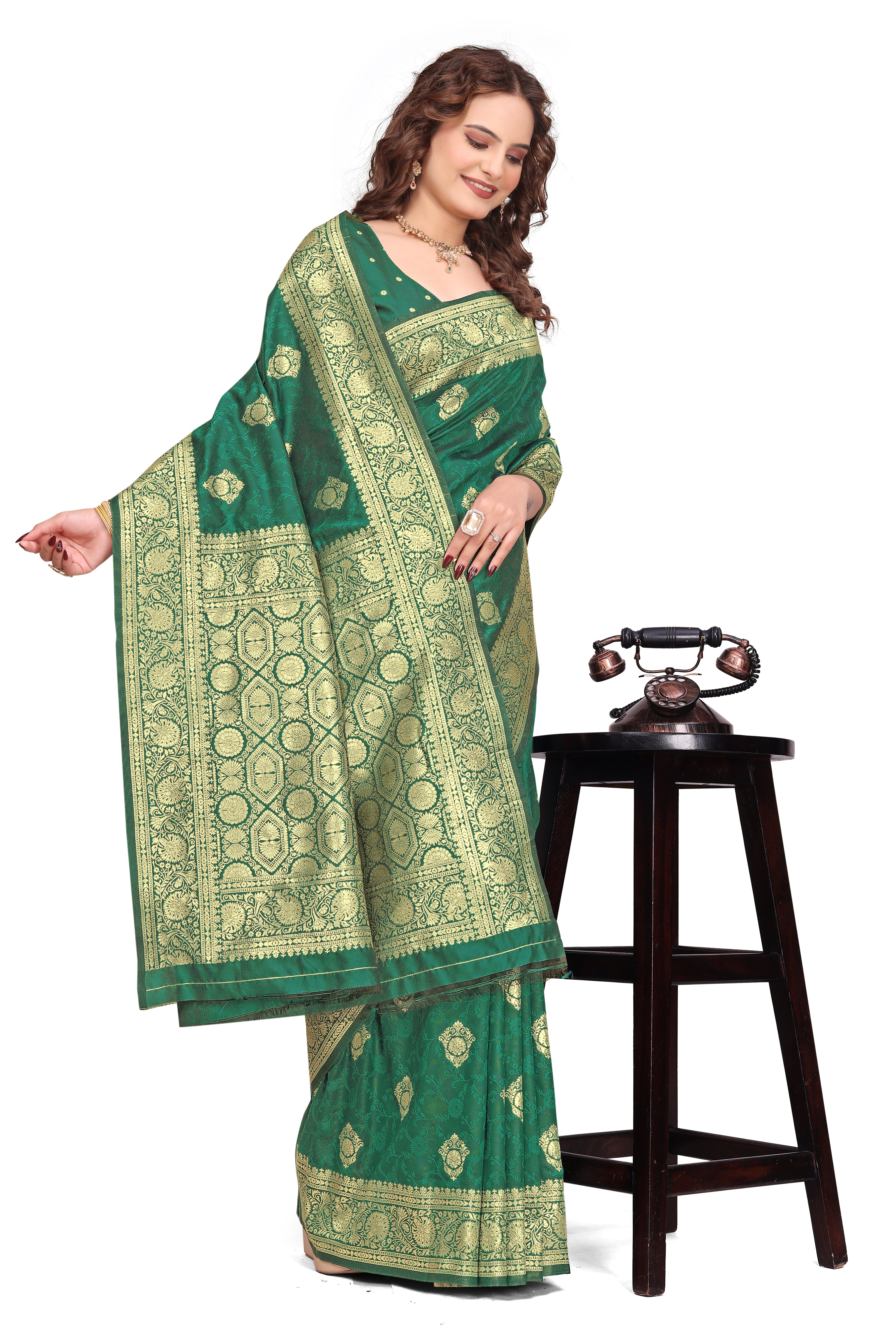 KB STAR Rama Green Silk Banarasi Saree with Elegant Golden Zari Work