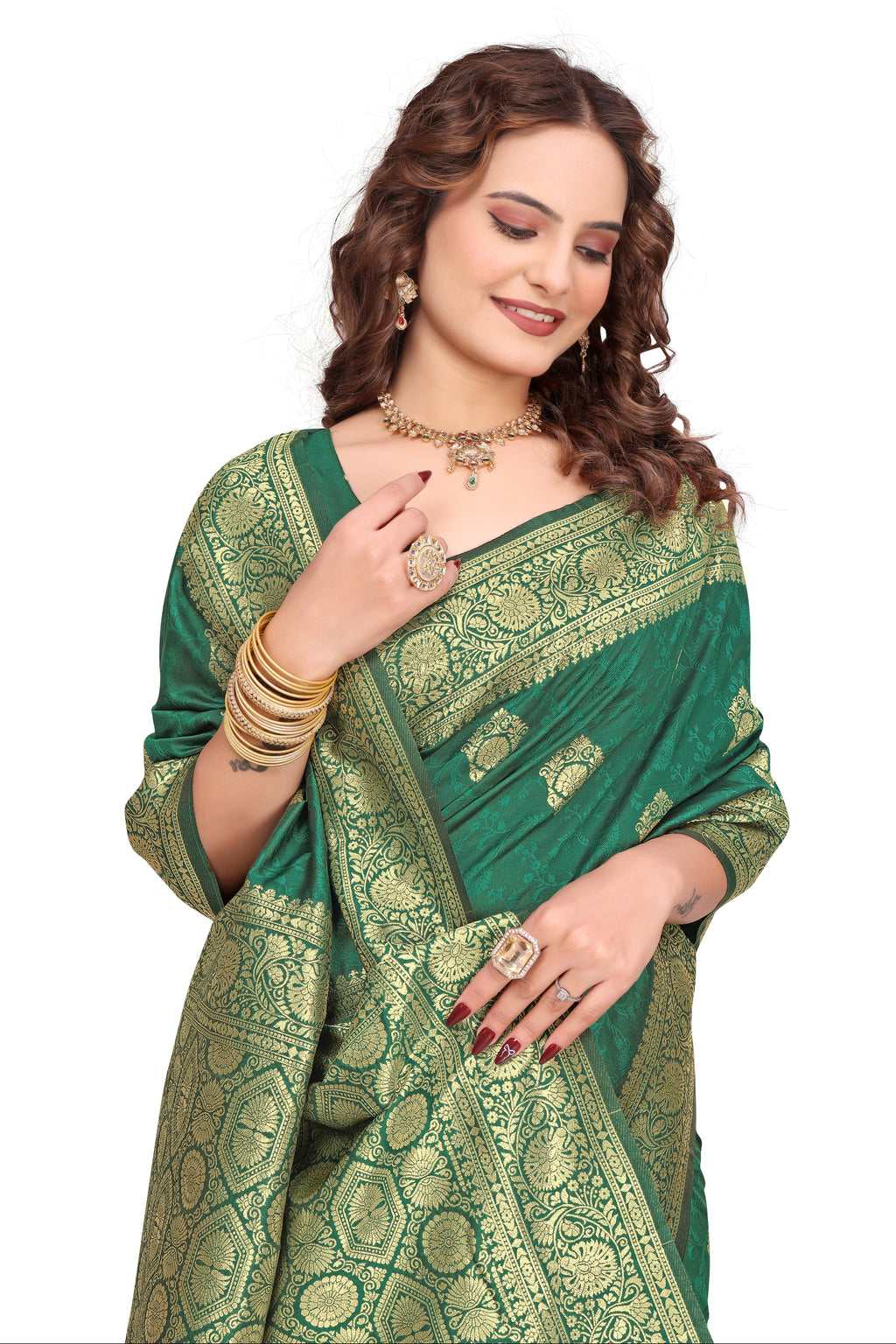 KB STAR Rama Green Silk Banarasi Saree with Elegant Golden Zari Work