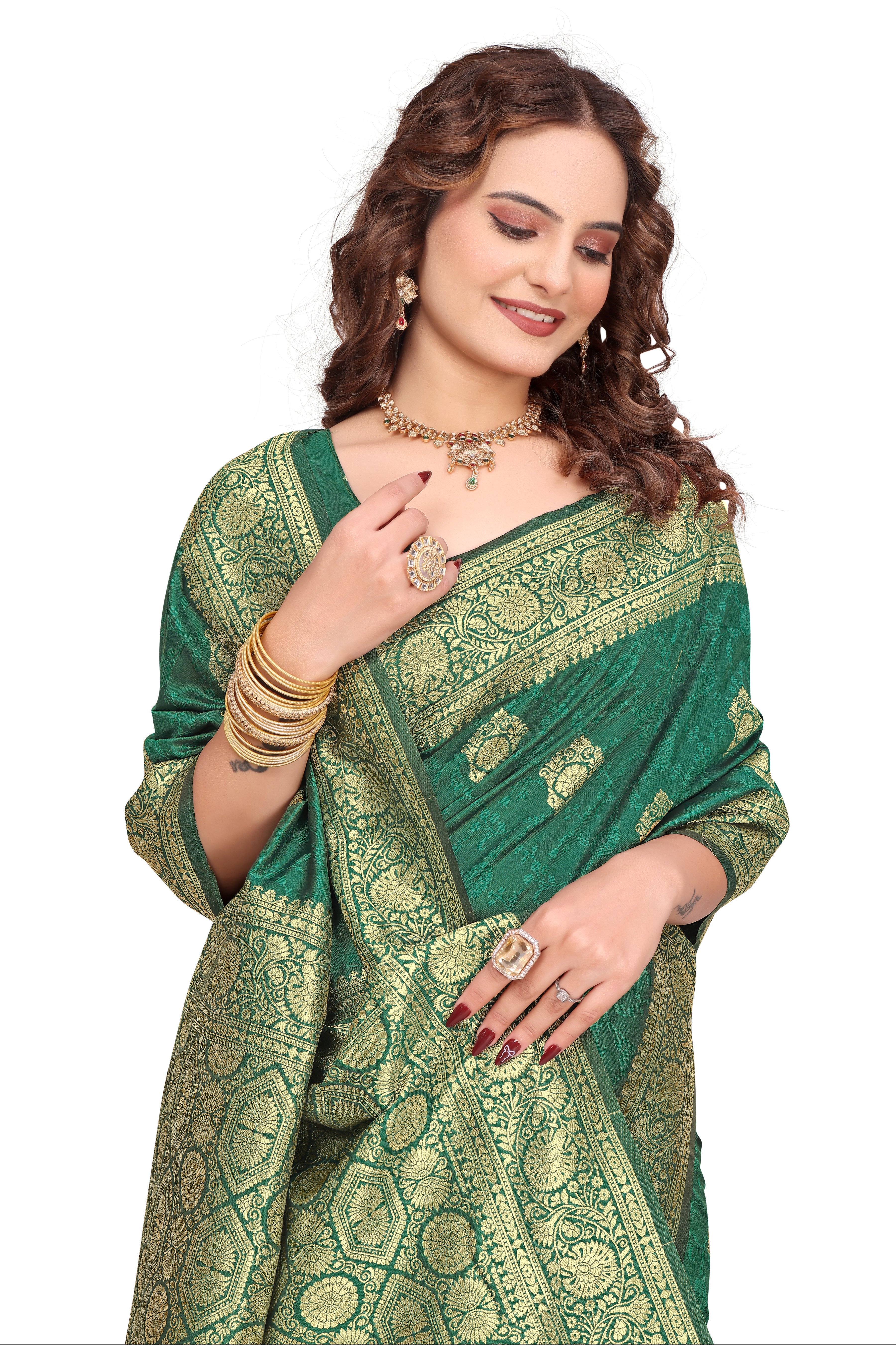 KB STAR Rama Green Silk Banarasi Saree with Elegant Golden Zari Work