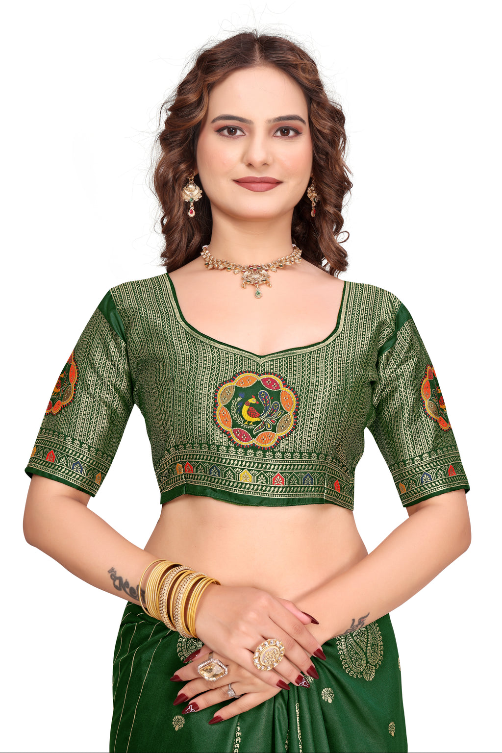 KB STAR Bottle Green Banarasi Silk Saree with Elegant Golden Zari Work