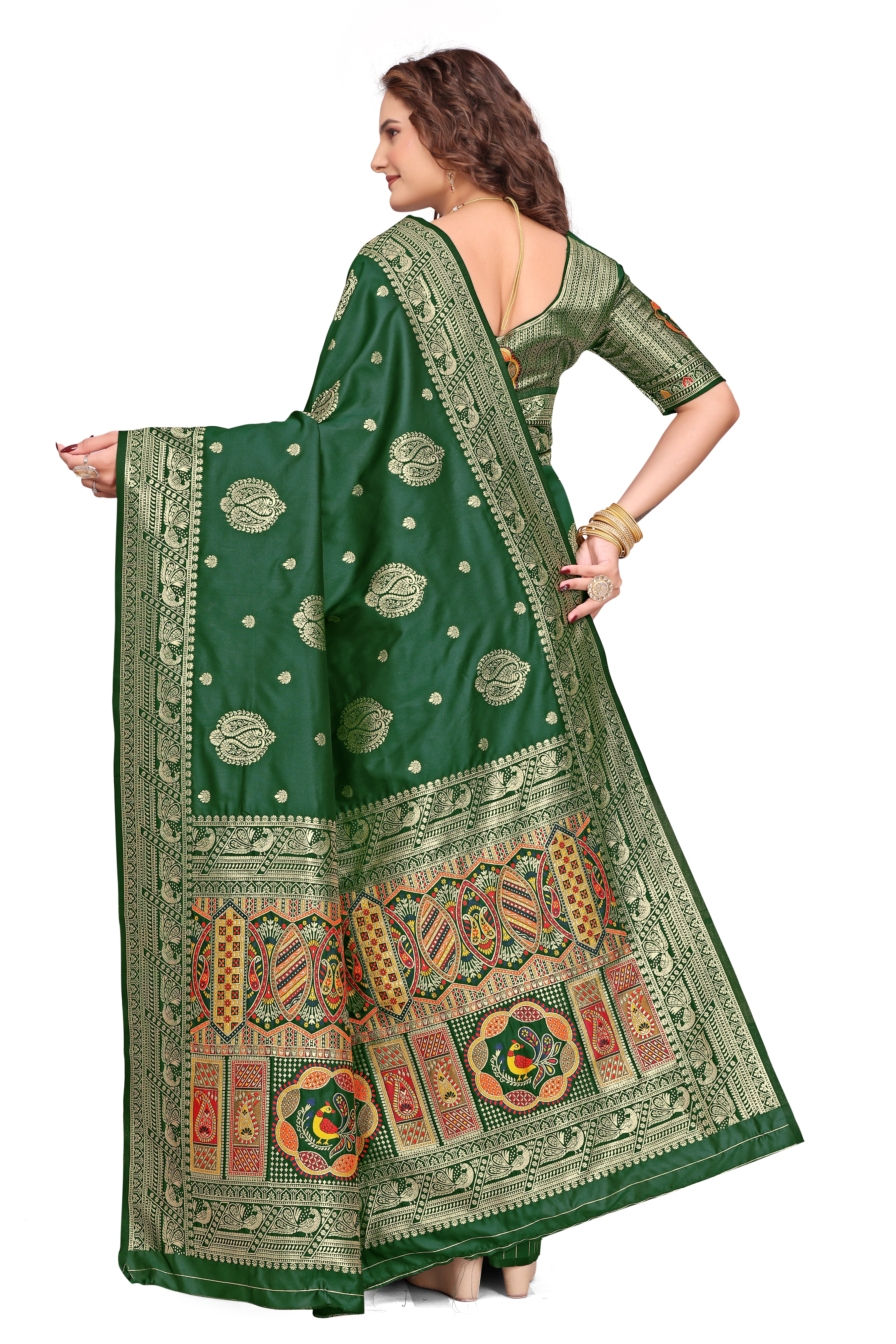 KB STAR Bottle Green Banarasi Silk Saree with Elegant Golden Zari Work