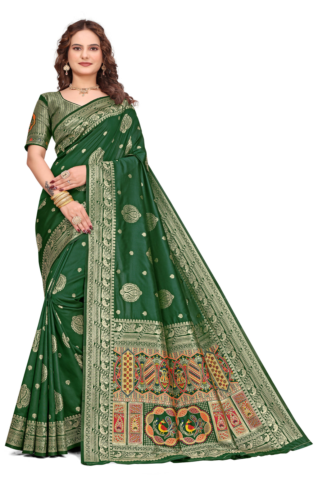 KB STAR Bottle Green Banarasi Silk Saree with Elegant Golden Zari Work