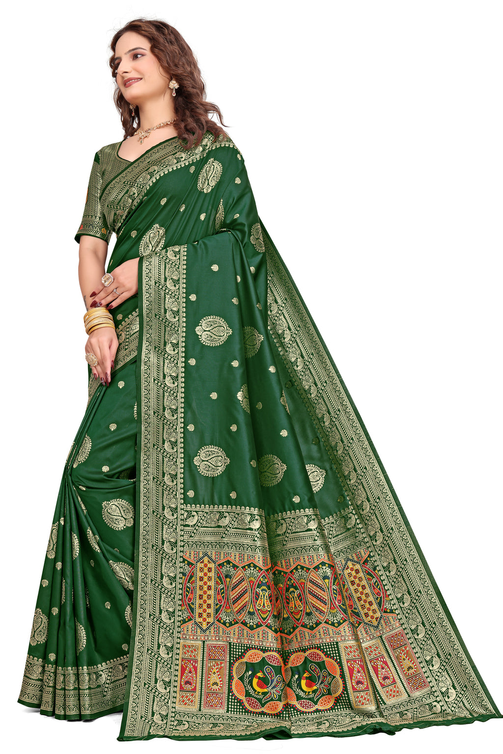 KB STAR Bottle Green Banarasi Silk Saree with Elegant Golden Zari Work