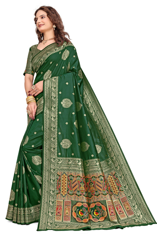 KB STAR Bottle Green Silk Banarasi  Saree with Elegant Golden Zari Work