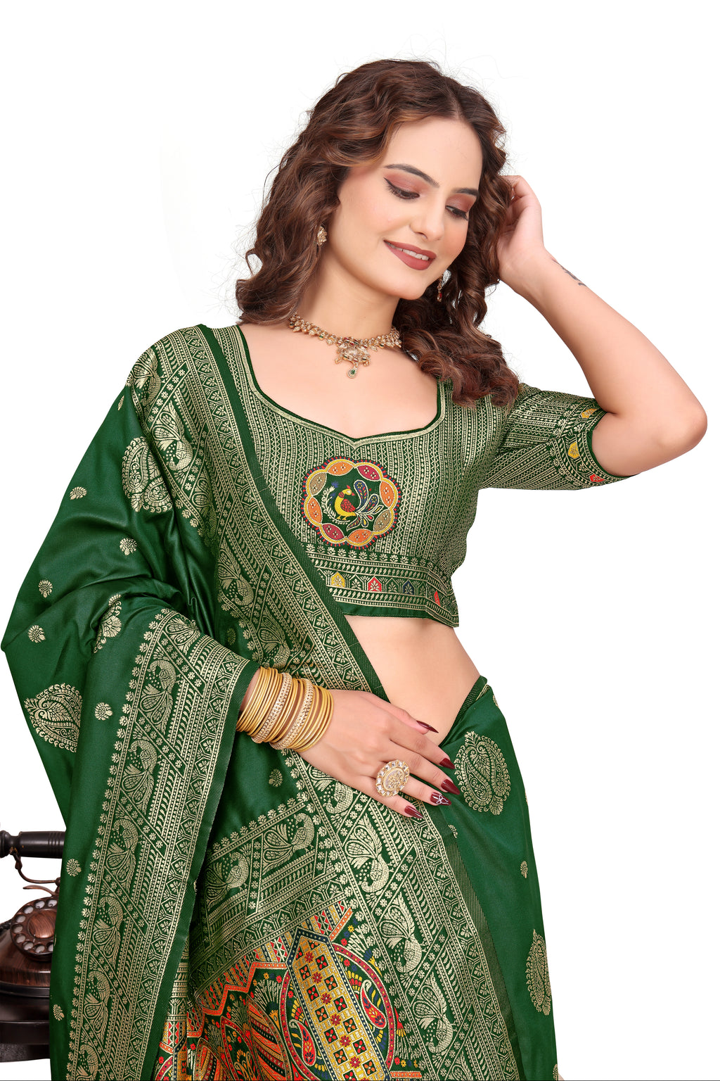 KB STAR Bottle Green Banarasi Silk Saree with Elegant Golden Zari Work