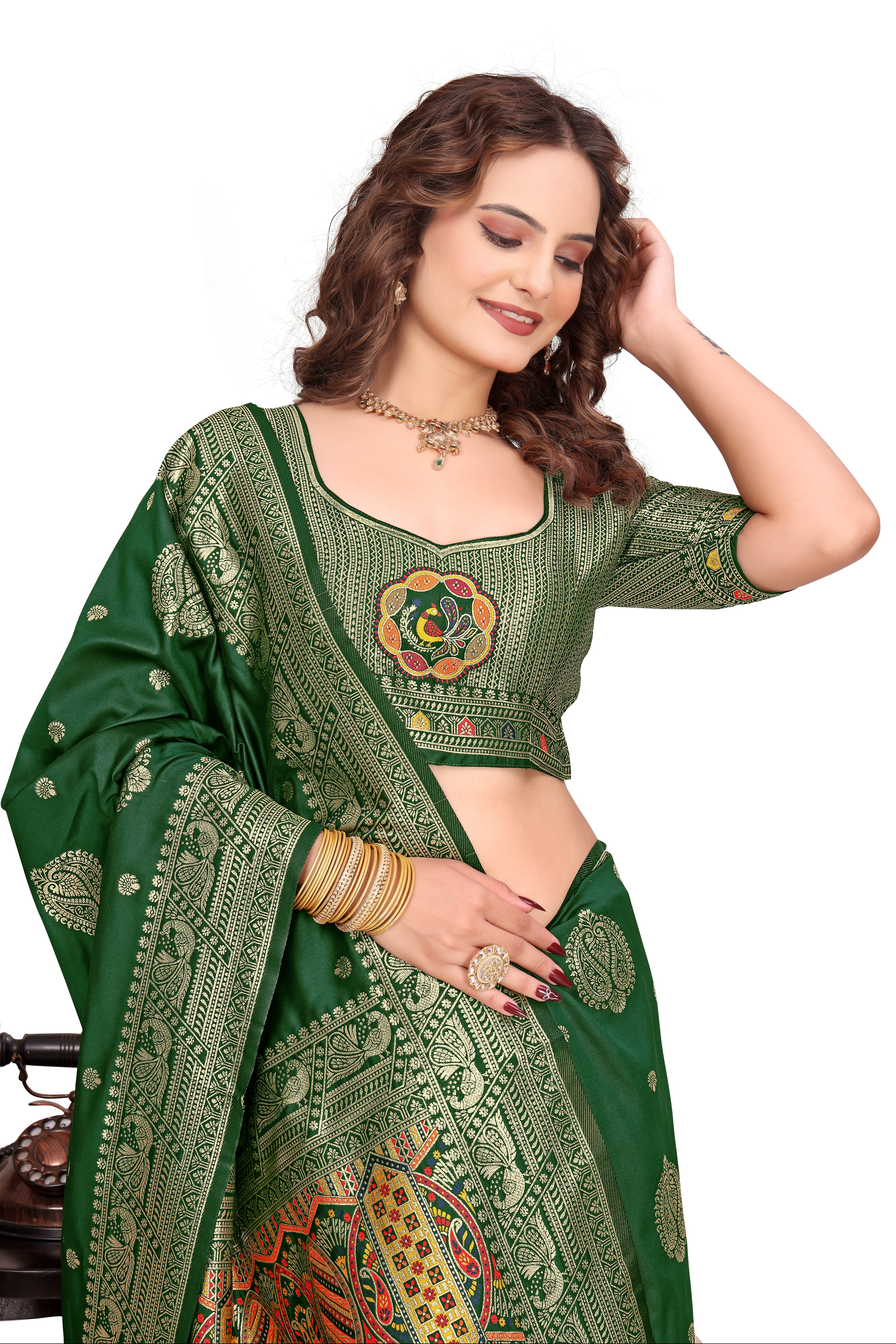 KB STAR Bottle Green Banarasi Silk Saree with Elegant Golden Zari Work