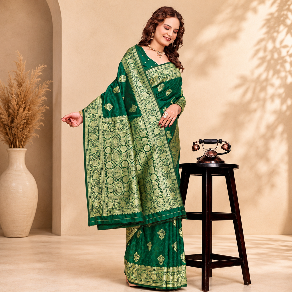 Rama Green Banarasi Silk Saree with Golden Zari Work