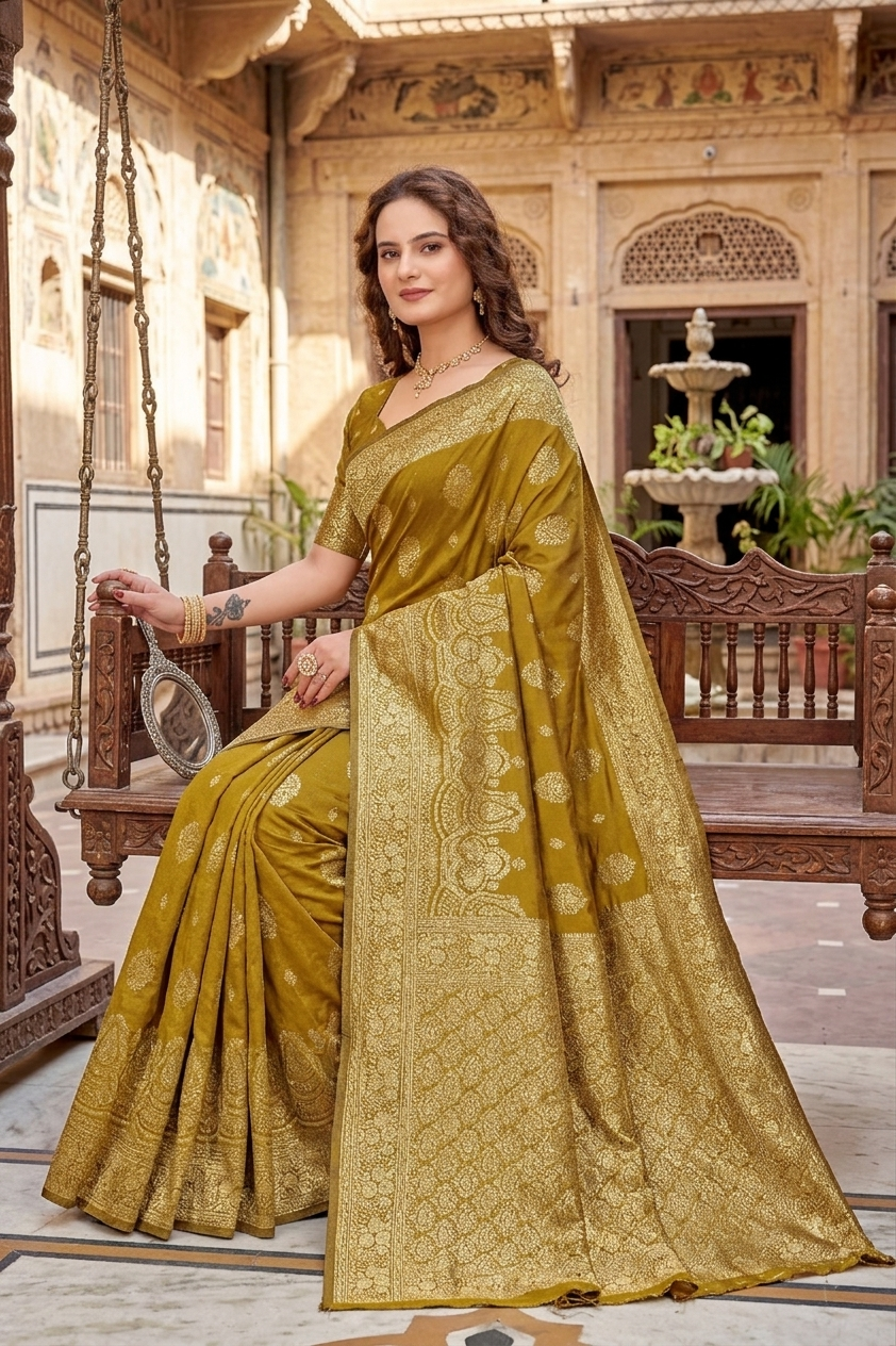 KB STAR Mustard-Yellow Silk Banarasi Saree with Elegant Golden Zari Work