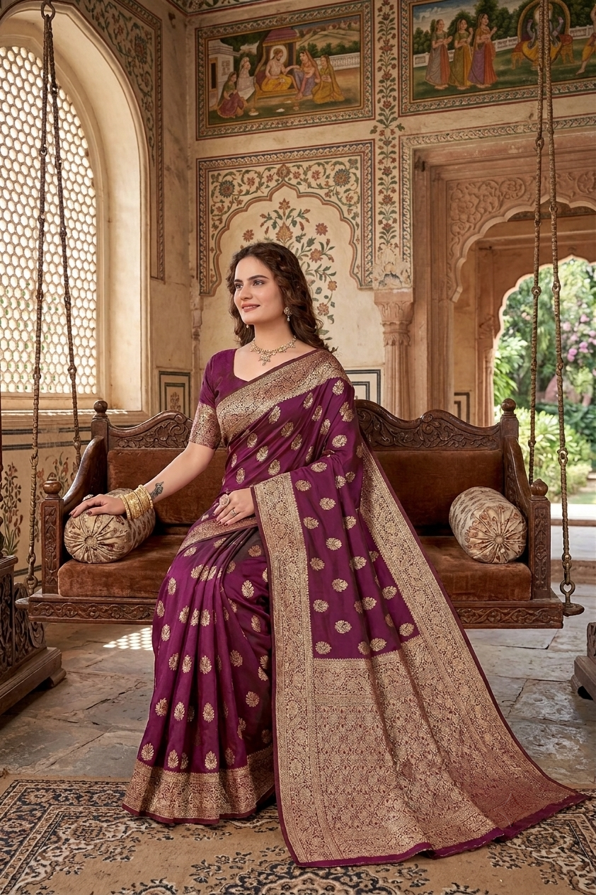 KB STAR Wine Silk Banarasi Saree with Elegant Golden Zari Work