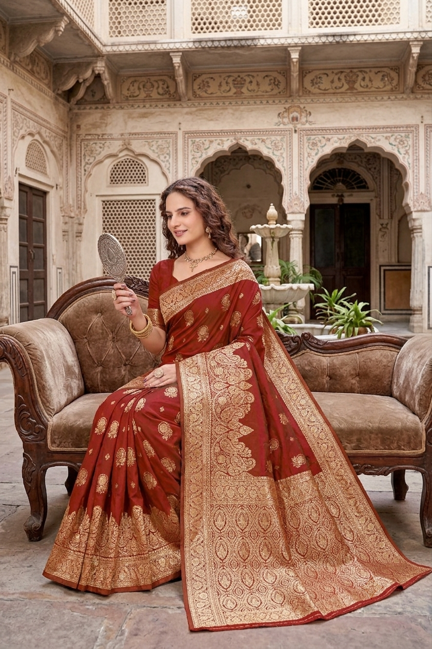 KB STAR Maroon Silk Banarasi Saree with Elegant Golden Zari Work