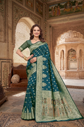 KB STAR Midnight Green Silk Banarasi Saree with Elegant Golden Zari Work