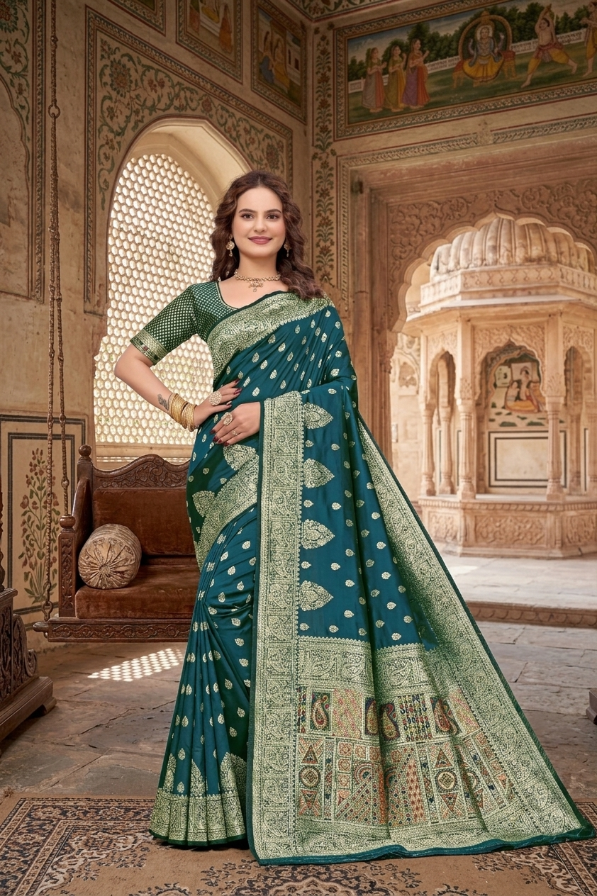 KB STAR Midnight Green Silk Banarasi Saree with Elegant Golden Zari Work